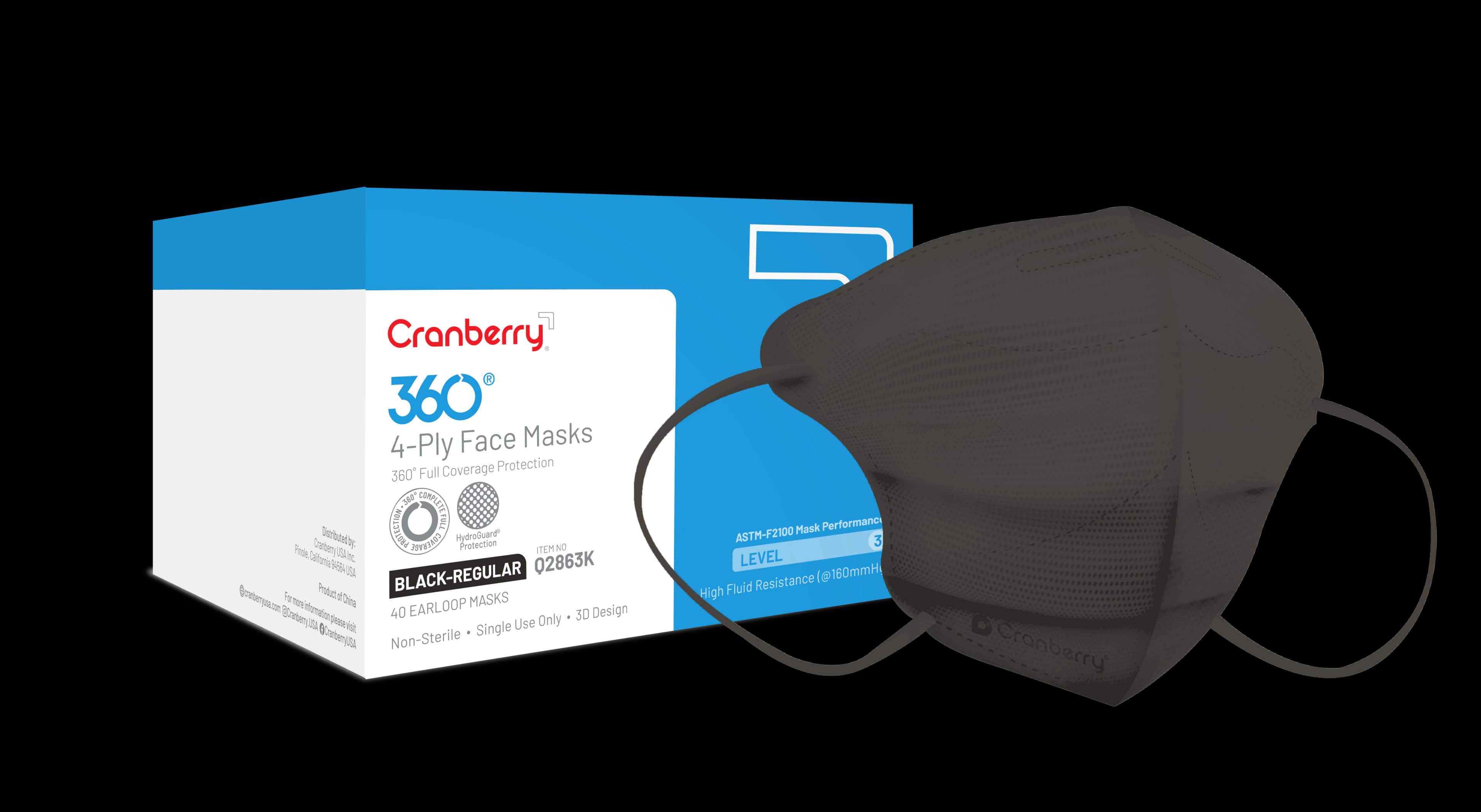 Cranberry 360™ 4-Ply Earloop Face Mask, ASTM Level 3, Black, Regular, 40/Box, Q2863K - 360 4-Ply Earloop Face Masks - Image 1