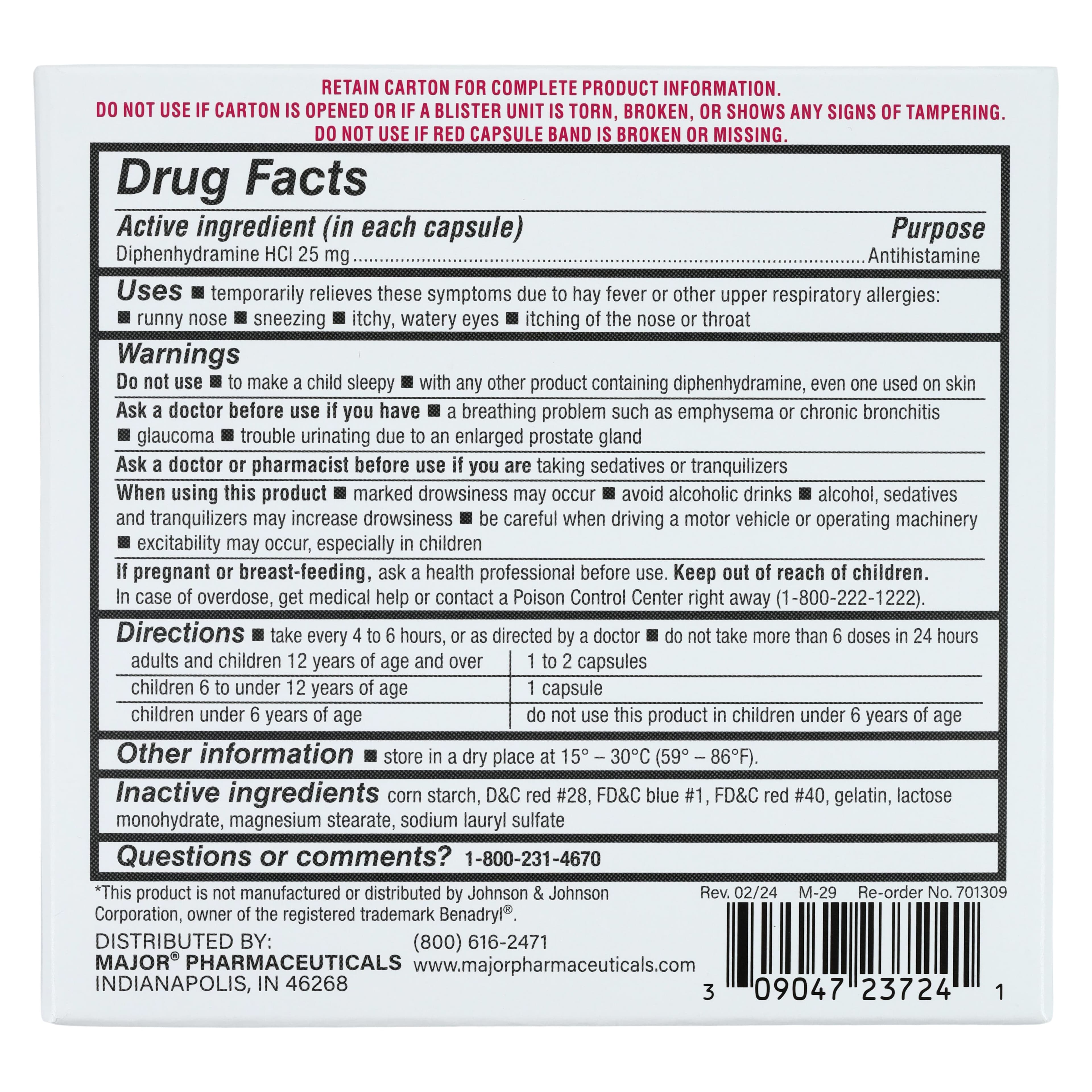 Diphenhydramine HCl Capsules, 25mg, Unit Dose, 24/Pk, Major Pharmaceuticals thumbnail 2