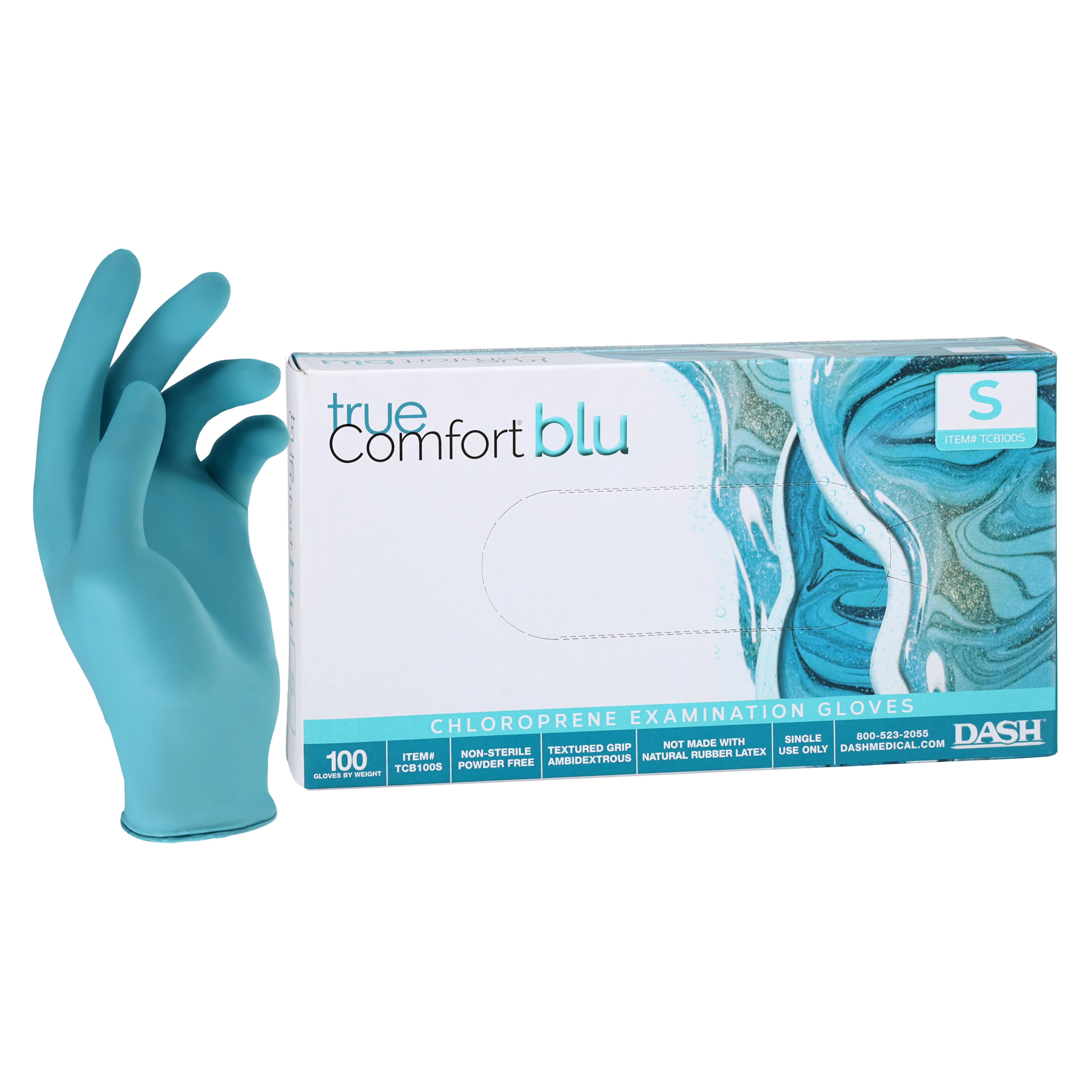True Comfort Blu Polychloroprene Exam Gloves, Powder Free, Latex Free, Non-Sterile, Small, Ocean Blue, 100/Box, TCB100S - True Comfort® Blu Polychloroprene Exam Gloves – Powder Free, Latex Free, Ocean Blue, 100/Pkg - Small - Image 1