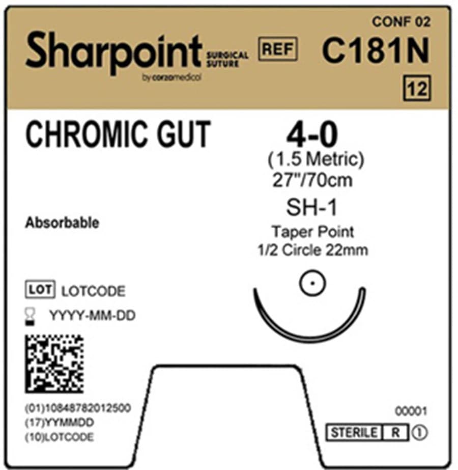 Sharpoint Chromic Gut Suture, 4-0, 27" (70cm), SH-1 Taper Point, 1/2 Circle, 22mm, Undyed, 12/Box - Suture Chrmc Gt Sharpoint SH-1 - Image 1