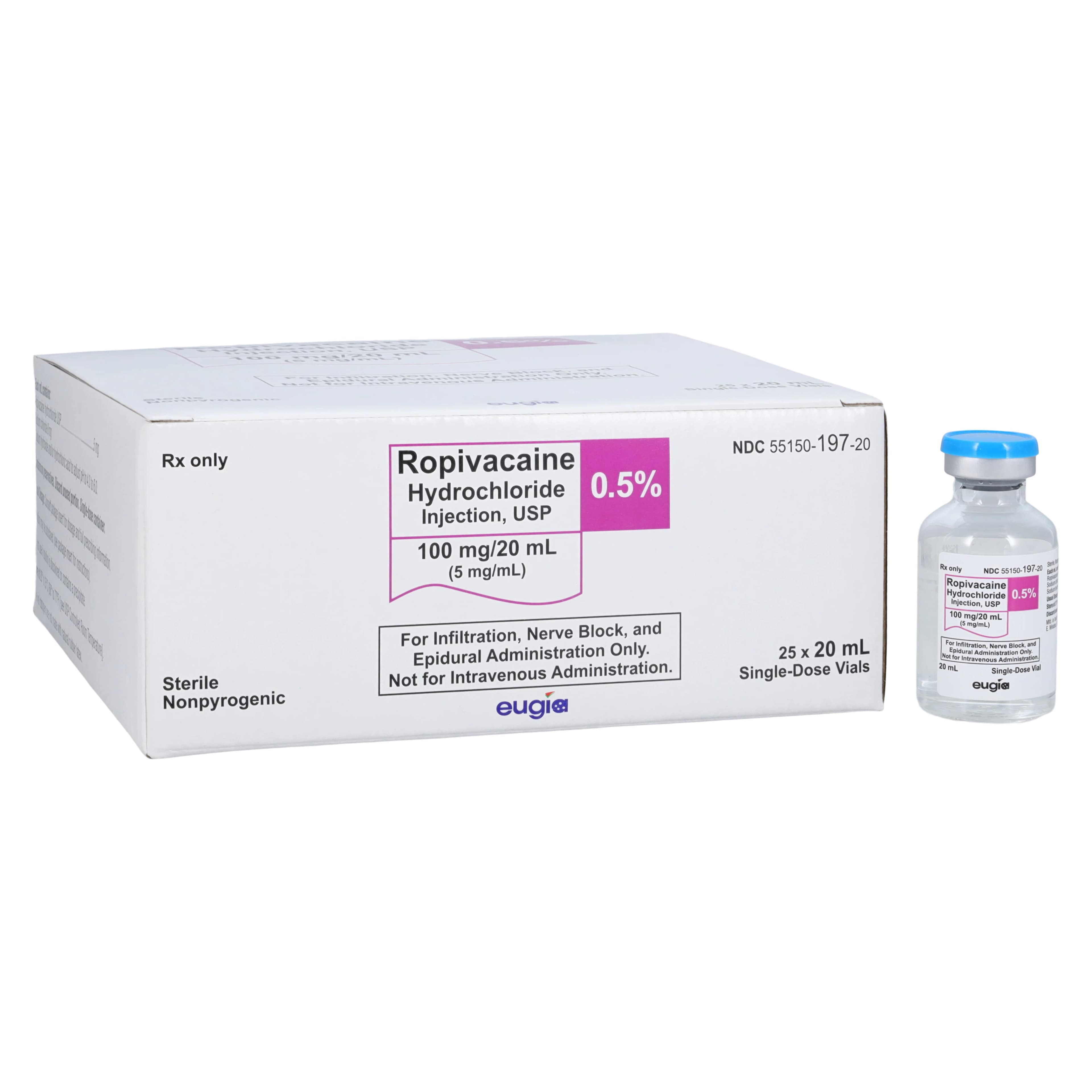 Ropivacaine HCl Injection 0.5% (5 mg/mL), Preservative-Free, Single-Dose Vial, 20 mL, 25/Package - Ropivacaine Inj SDV 20ml - Image 1