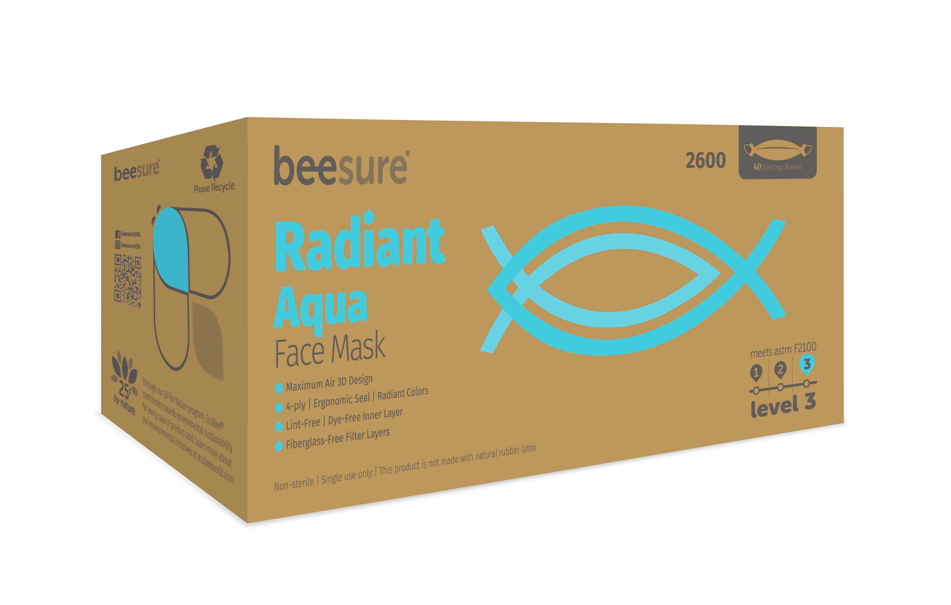 BeeSure Radiant Procedure Face Mask, ASTM Level 3, Aqua, 40/Box, BE2600 thumbnail 2