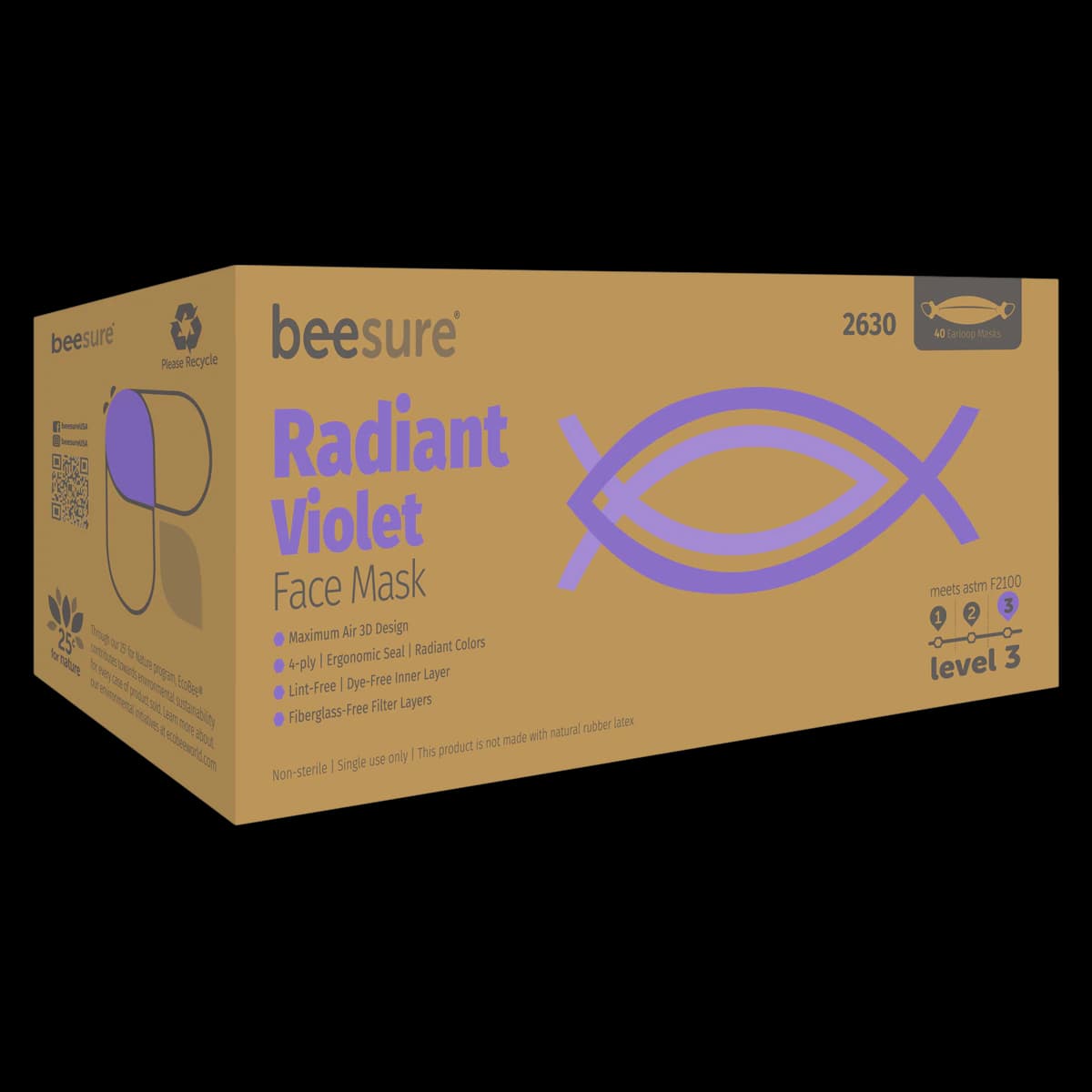 BeeSure Radiant Procedure Face Mask, ASTM Level 3, Violet, 40/Box, BE2630 thumbnail 2