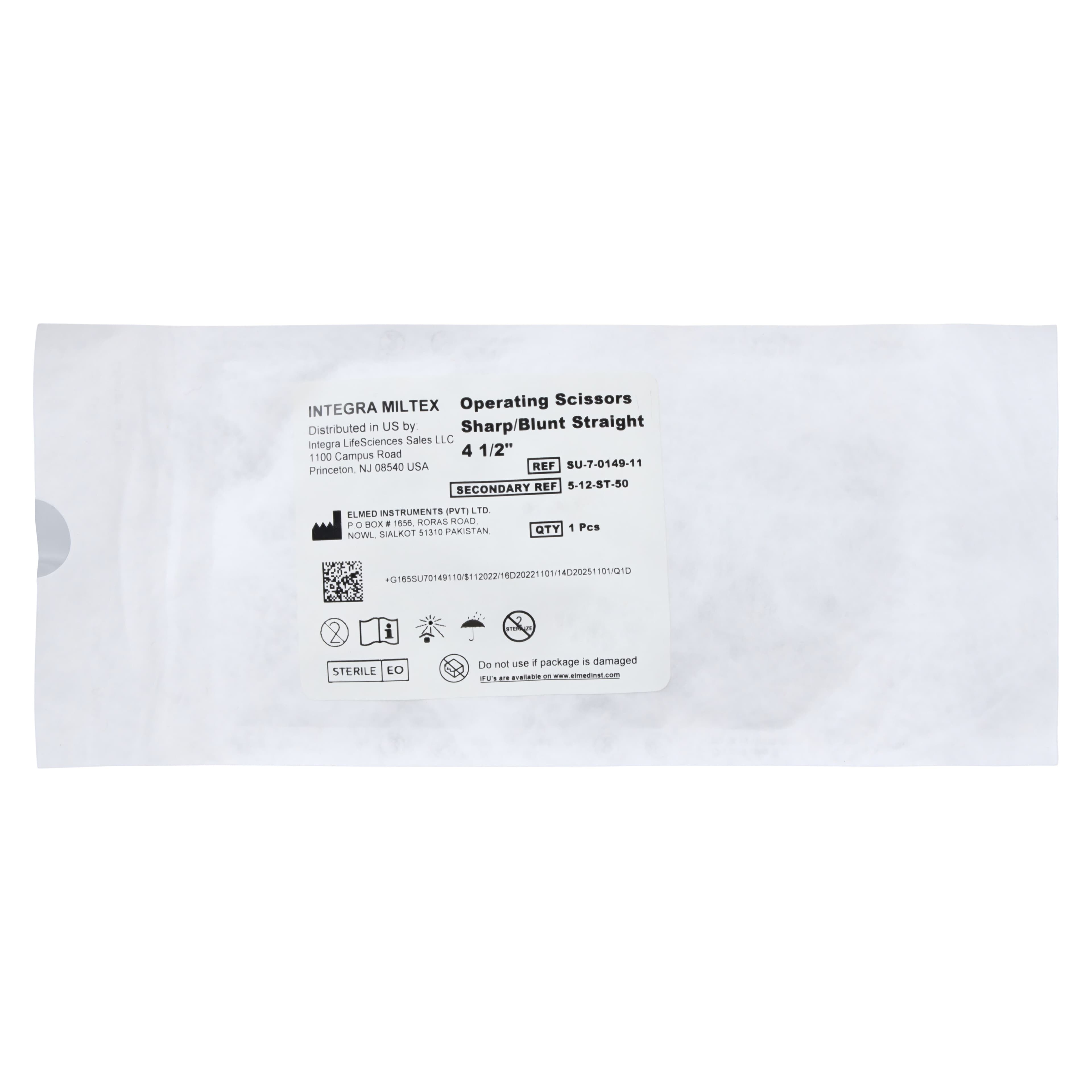 Miltex Operating Scissors, Straight 4-1/2", Sharp/Blunt, Stainless Steel, Sterile, Disposable, 50/Box, 5-12-ST-50 thumbnail 2