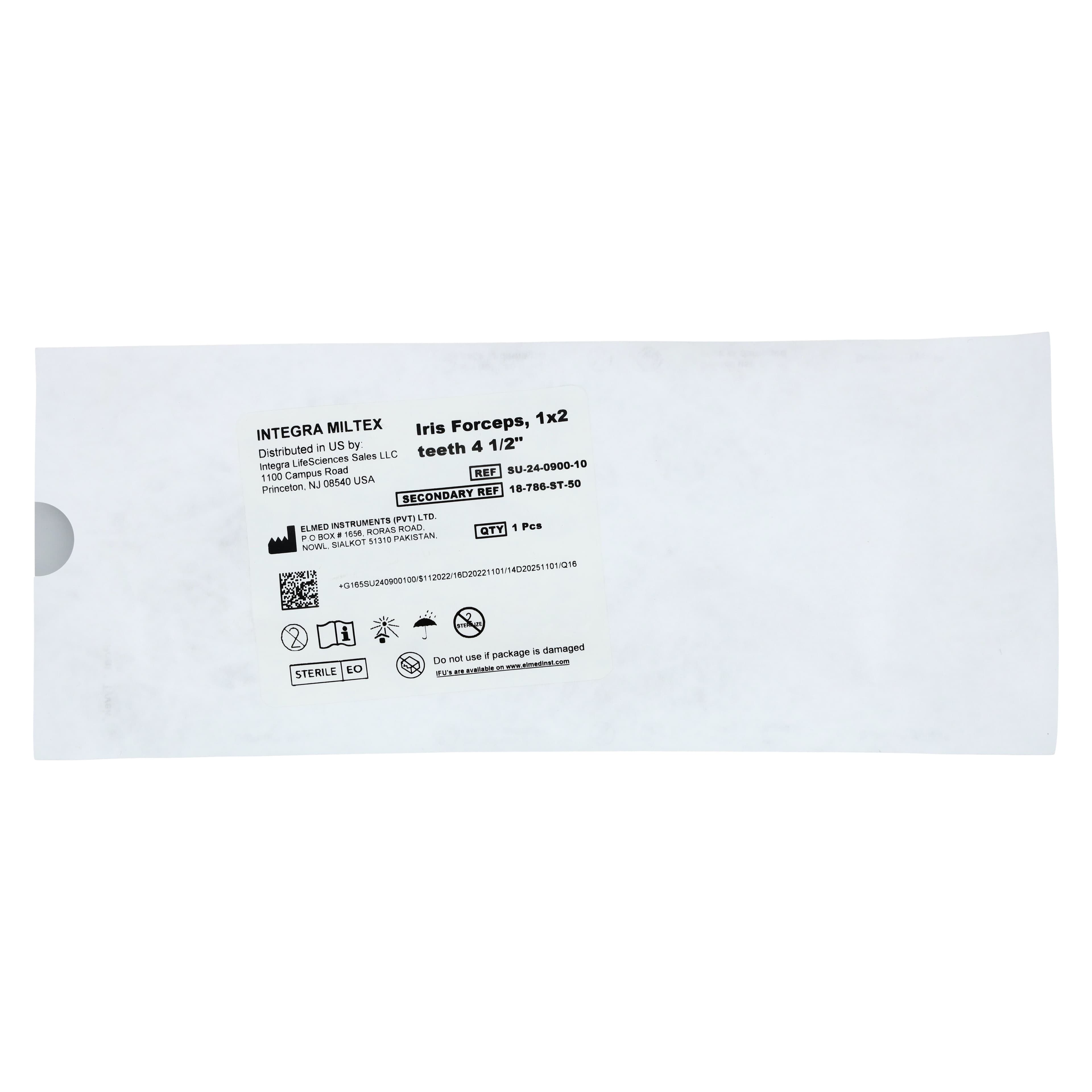 Miltex Iris Forceps, 1x2 Teeth, 4-3/4", Stainless Steel, Sterile, 50/Box thumbnail 2