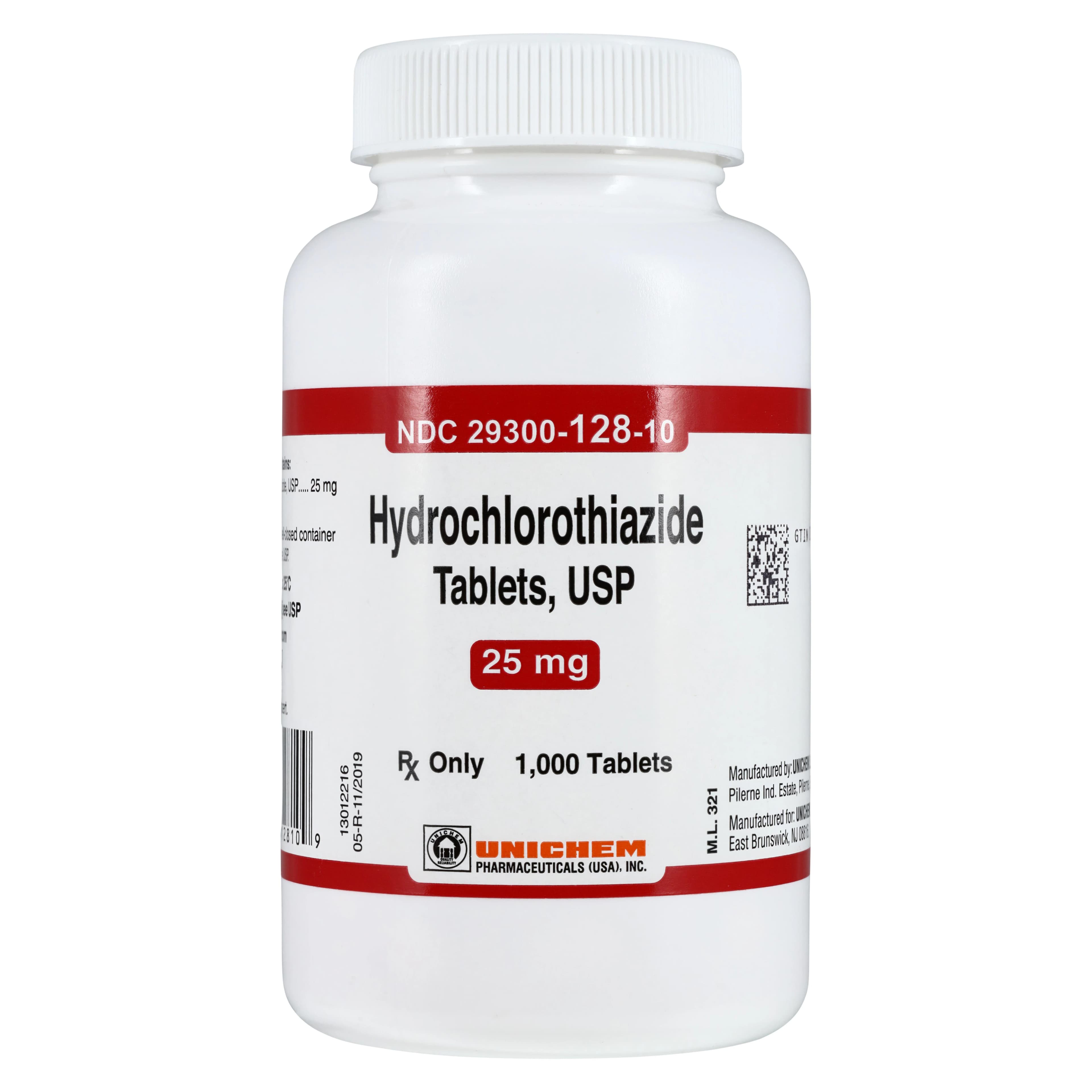 Hydrochlorothiazide Tablets, 25mg, 1000/Bottle, Unichem Pharmaceuticals - Hydrochlorothiazide Tablets - Image 1