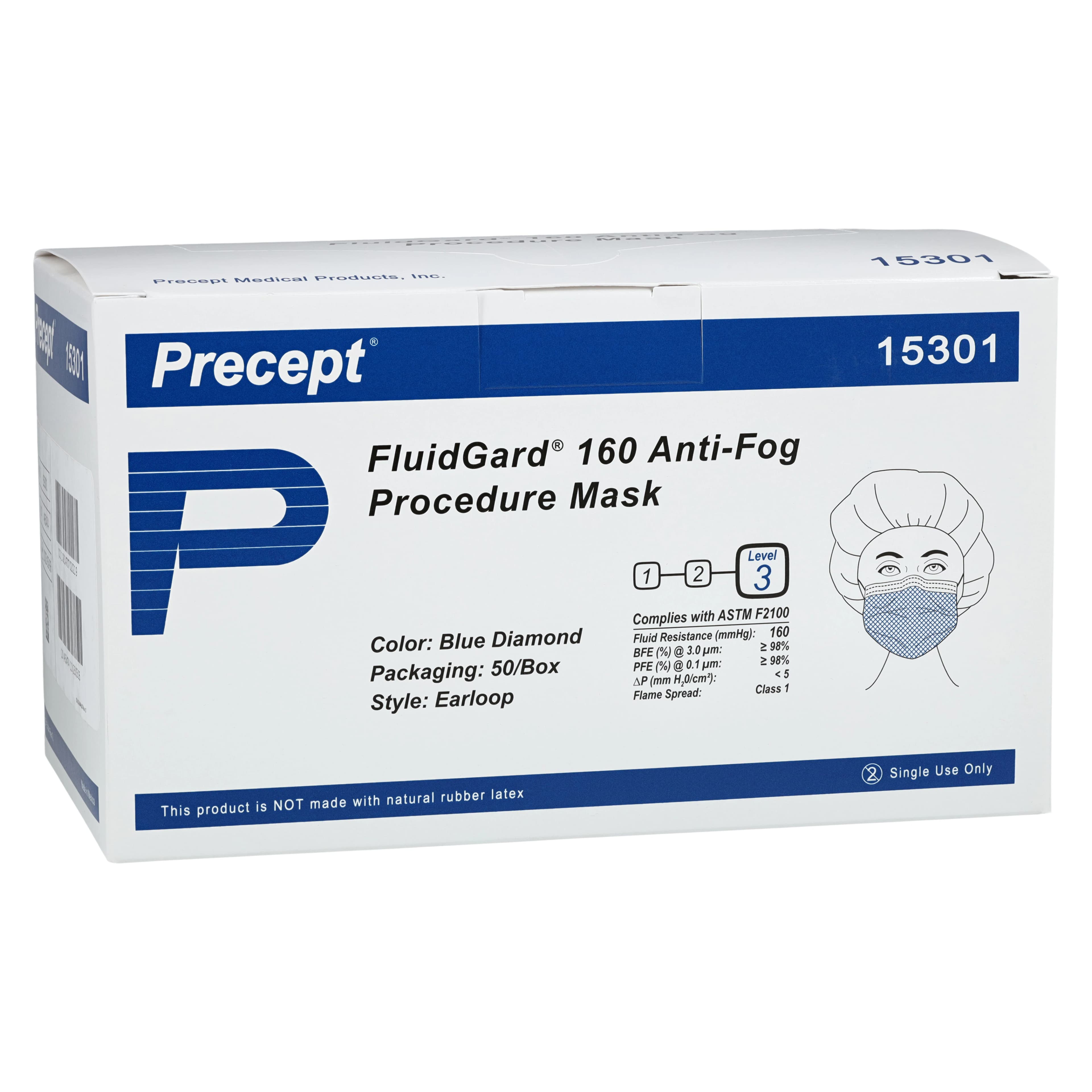 Aspen Surgical FluidGard Procedure Earloops Mask, Anti-Fog, ASTM Level 3, Blue Diamond, Single Use, 500/Case thumbnail 3