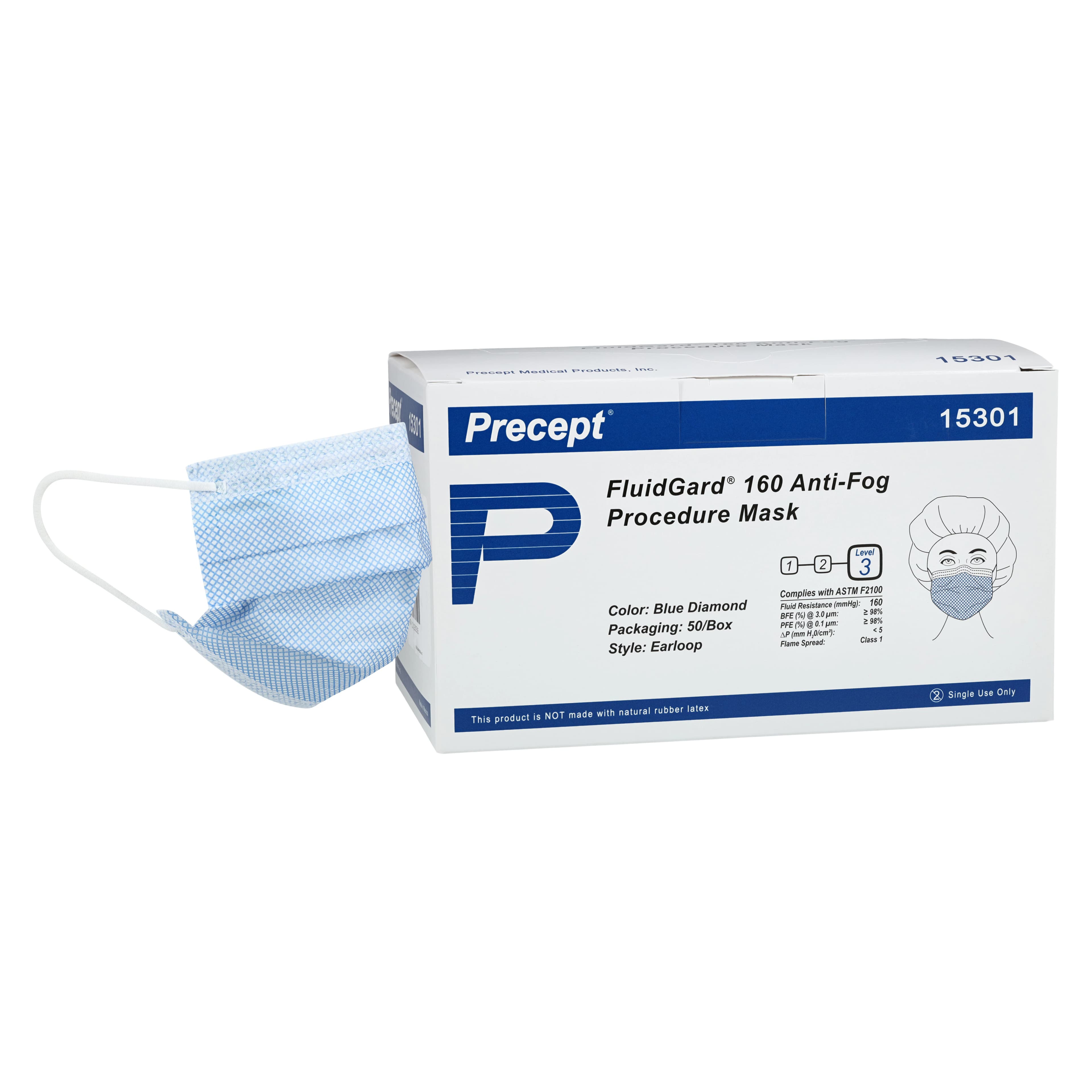 Aspen Surgical FluidGard Procedure Earloops Mask, Anti-Fog, ASTM Level 3, Blue Diamond, Single Use, 500/Case - Mask Procedure Anti-Fog - Image 1