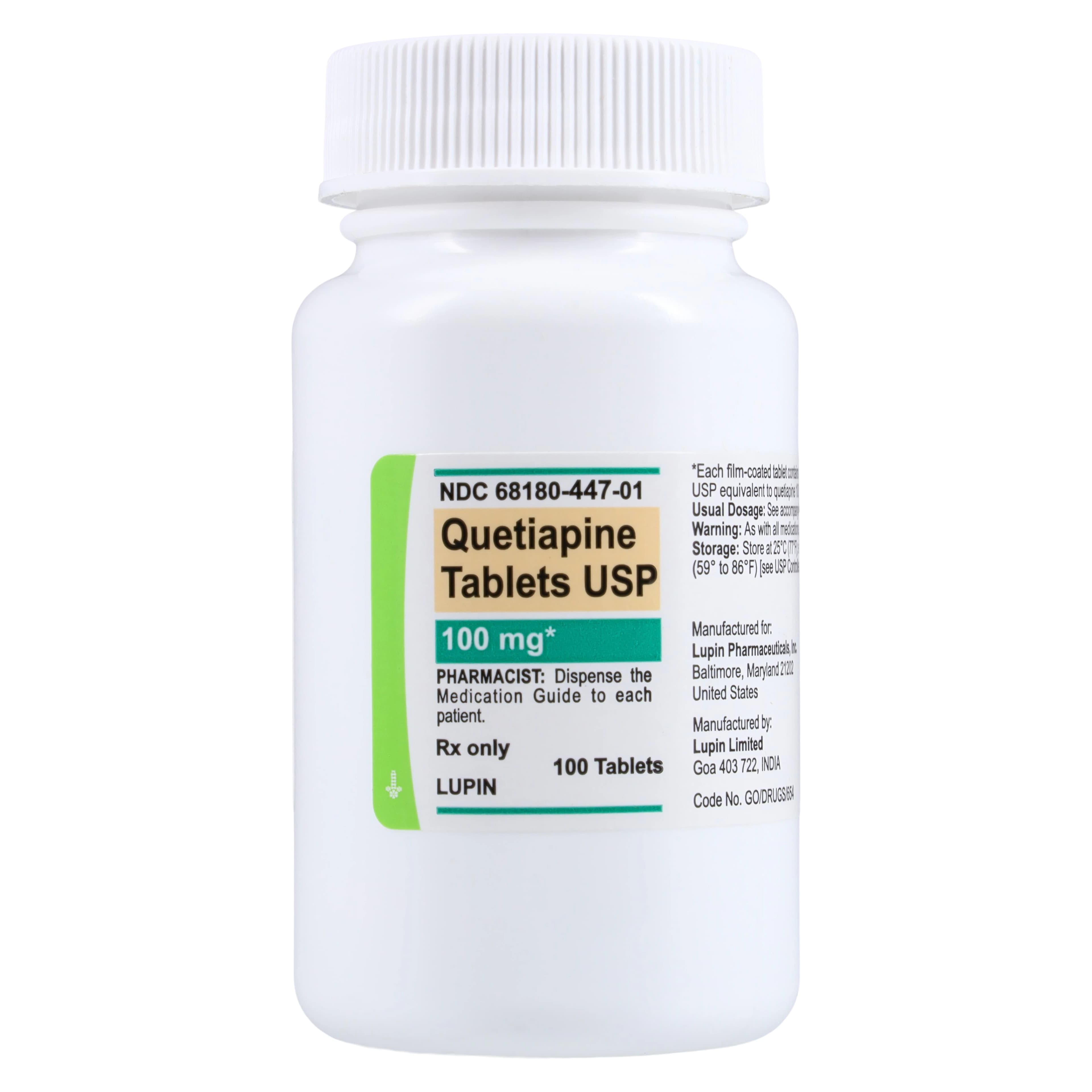 Quetiapine Fumarate Tablets 100mg, 100 Count Bottle (Lupin Pharmaceuticals) - Quetiapine Fumarate Tablets - Image 1