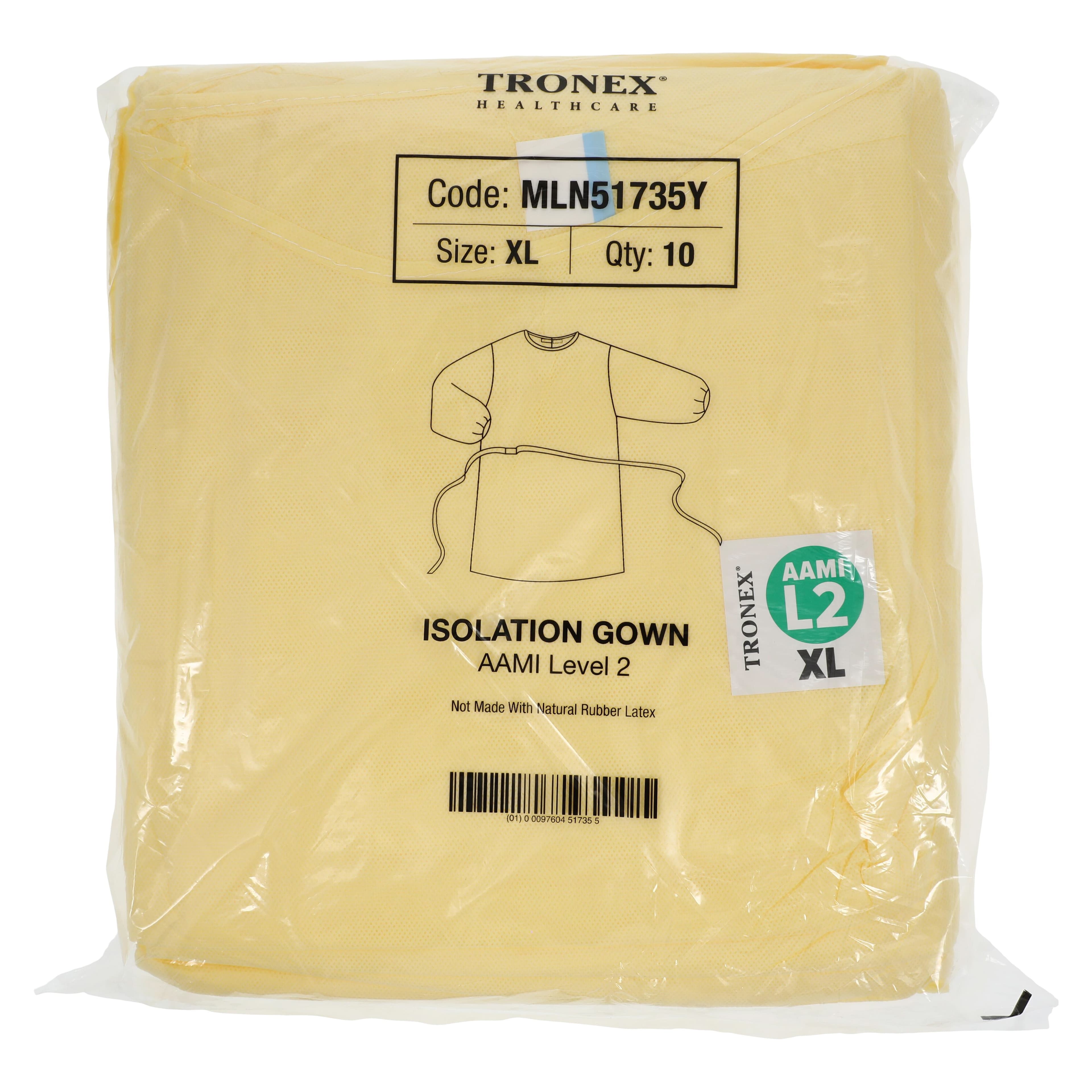 Tronex AAMI Level 2 Isolation Gown, Multi-Layer Non-Woven, X-Large, Yellow, Knee-Length, Full Back, Elastic Cuff, 10/Bag thumbnail 4