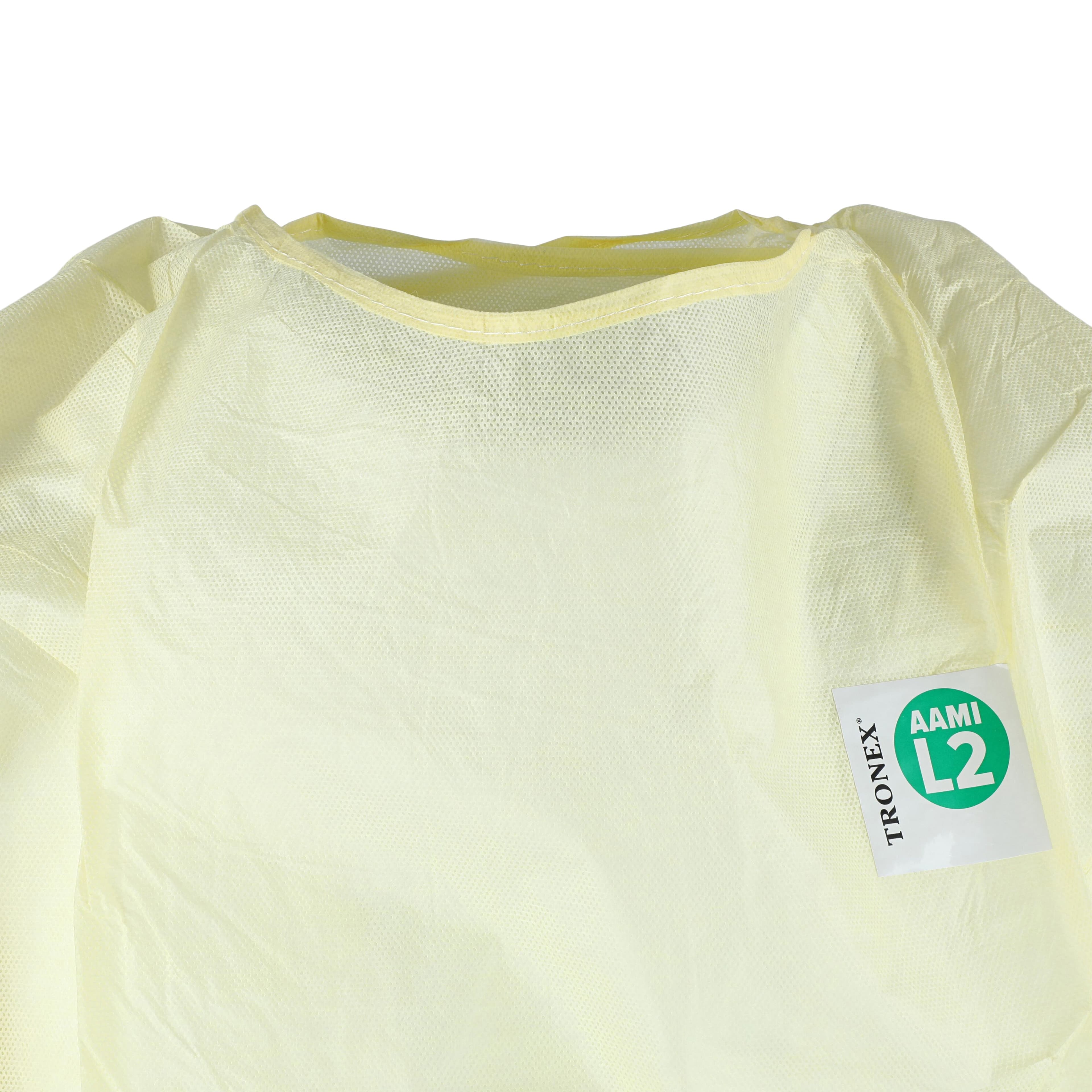 Tronex AAMI Level 2 Isolation Gown, Multi-Layer Non-Woven, X-Large, Yellow, Knee-Length, Full Back, Elastic Cuff, 10/Bag thumbnail 2