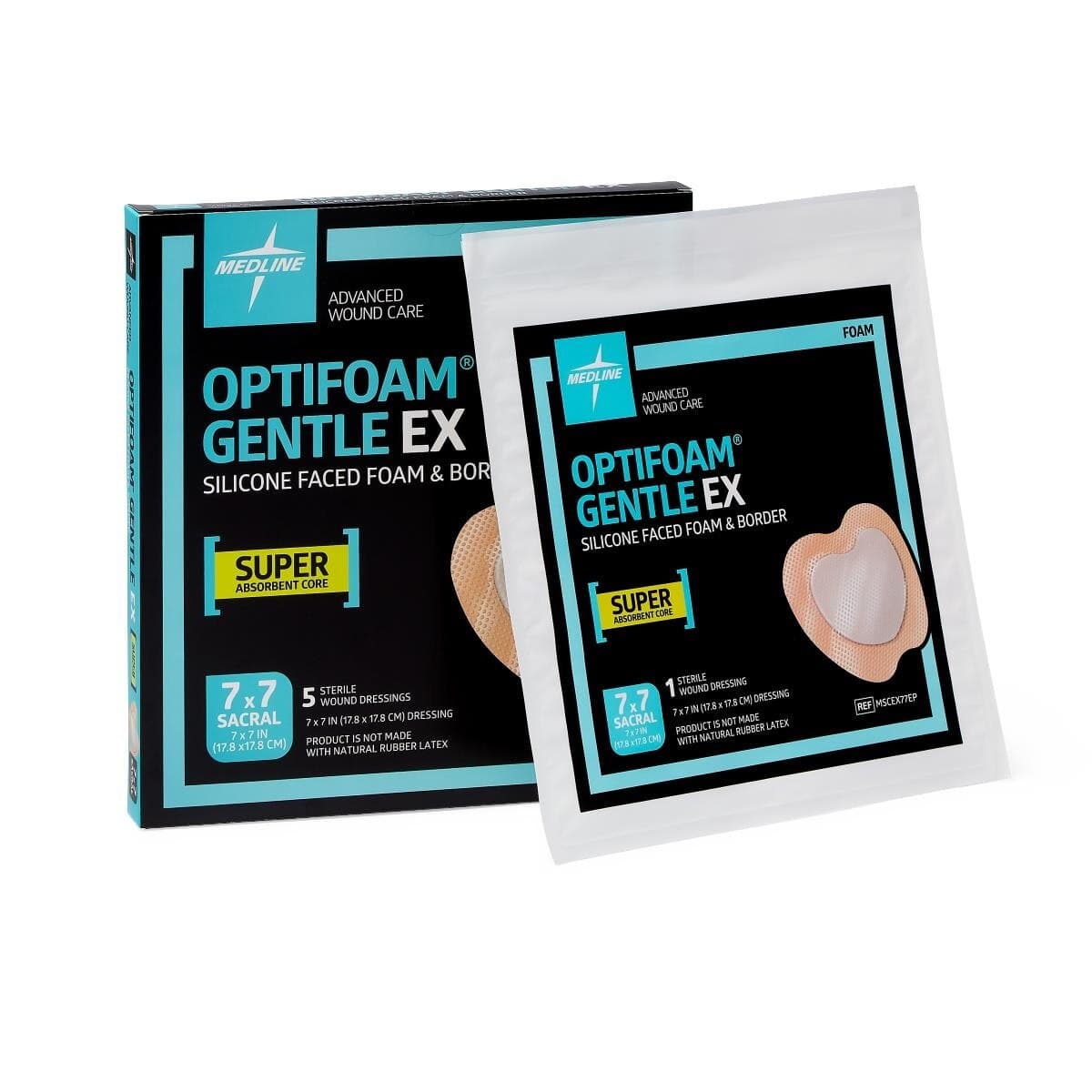 Medline Optifoam Gentle EX Foam Sacrum Dressing, 7" x 7", Sterile, Adhesive, Super Absorbent, Latex-Free - Dressing Optifoam EX Sacrum - Image 1