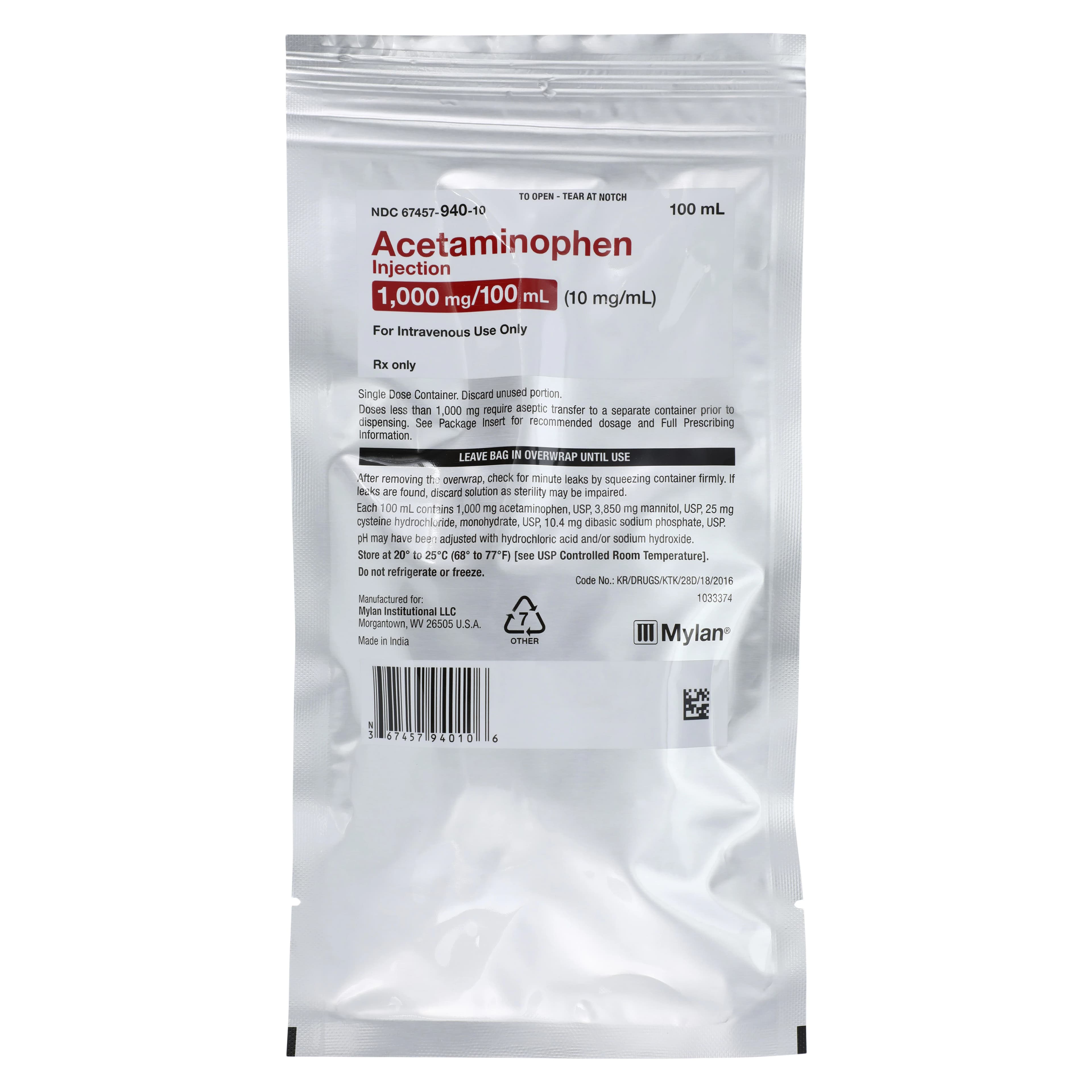 Acetaminophen Injection 10 mg/mL, 100 mL IV Bag, 24/Package (Mylan Institutional) - Acetaminophen Inj Bag 100mL - Image 1