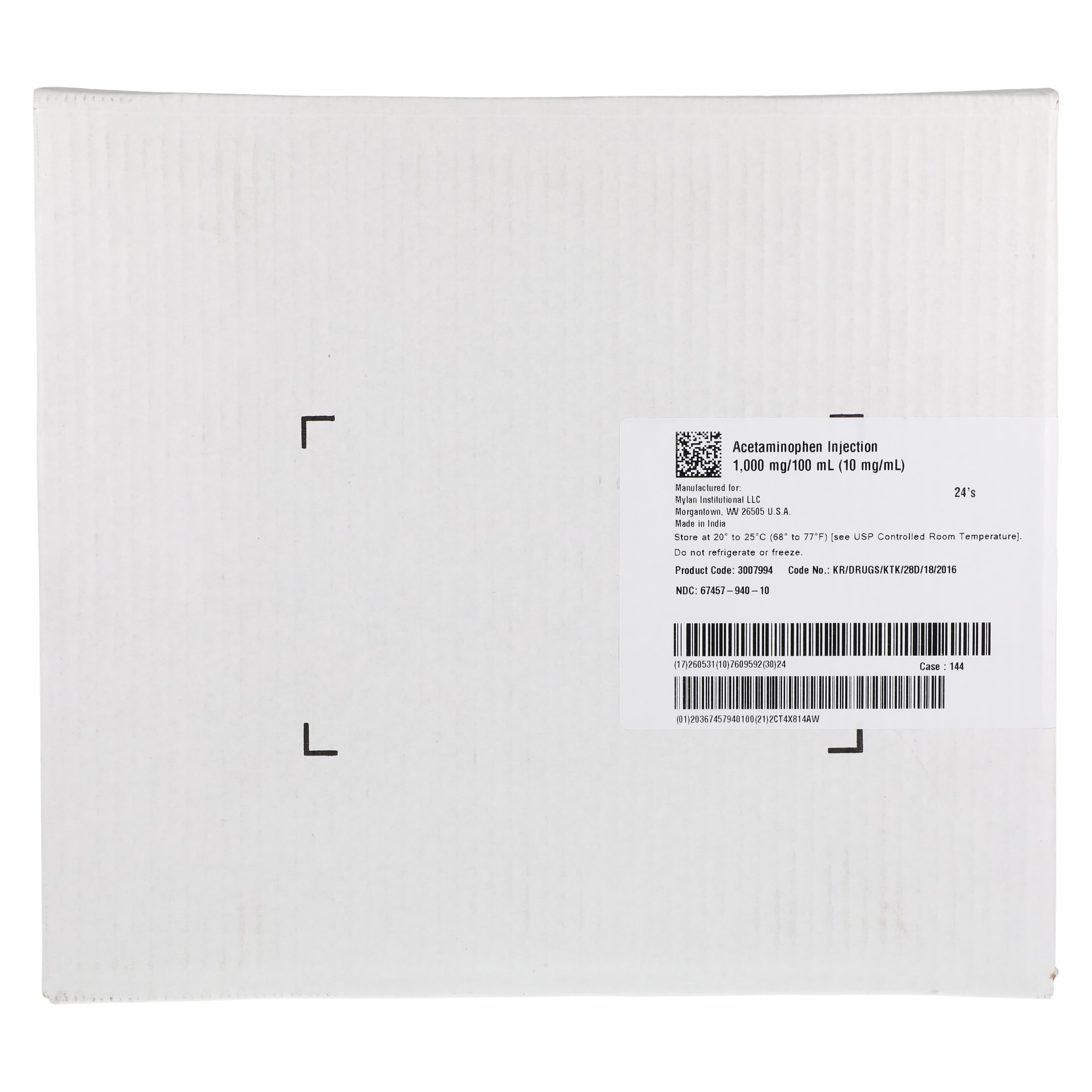Acetaminophen Injection 10 mg/mL, 100 mL IV Bag, 24/Package (Mylan Institutional) thumbnail 2
