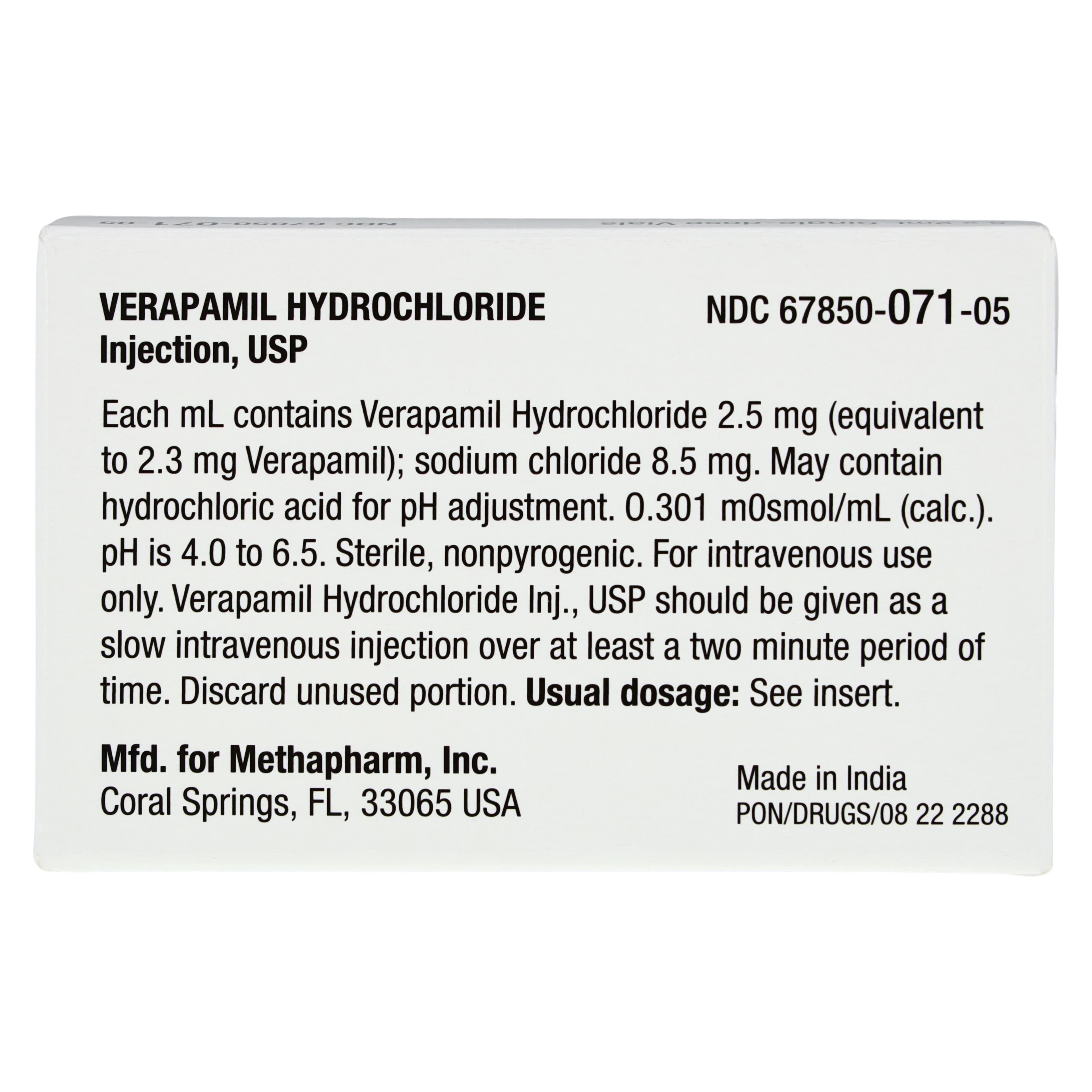 Verapamil HCl Injection SDV 2.5mg/mL, 2mL Single Dose Vial, 5/Package thumbnail 4