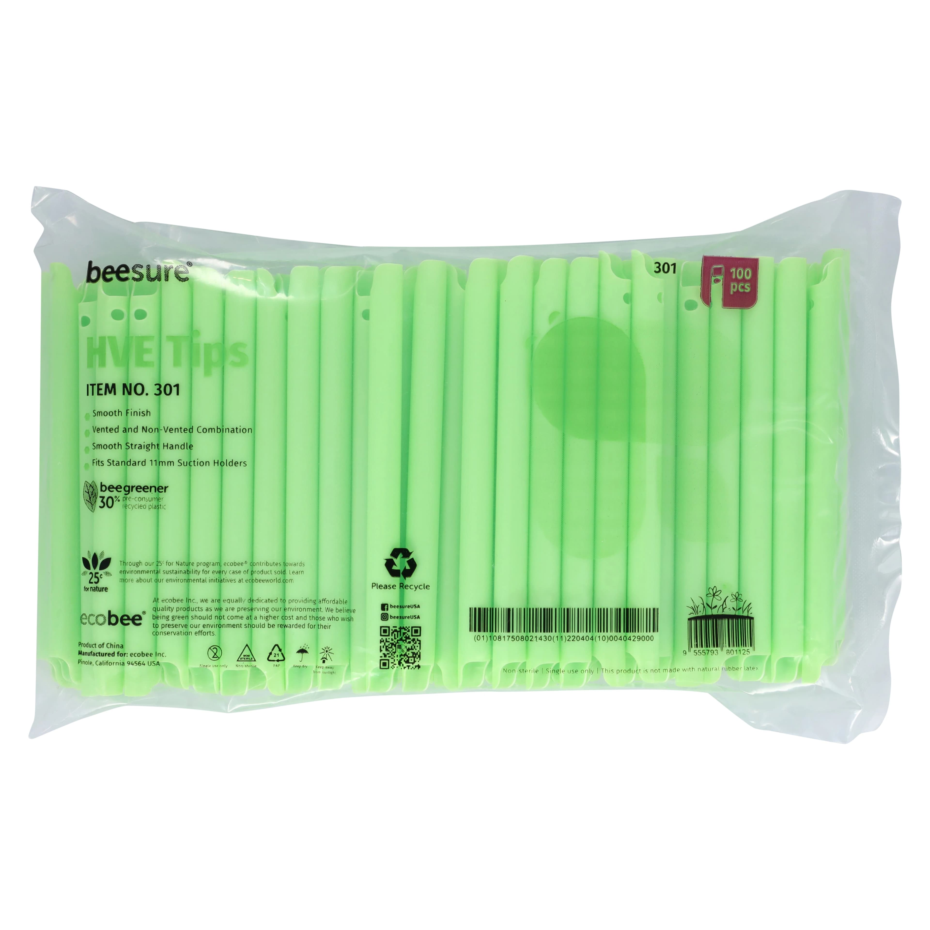 BeeSure High-Volume Evacuator Tips, Green, Vented/Non-Vented, 100/Bag, BE301 - BeeSure, High-Volume Evacuator Tips, Green, 100/Pk, BE301 - Image 1