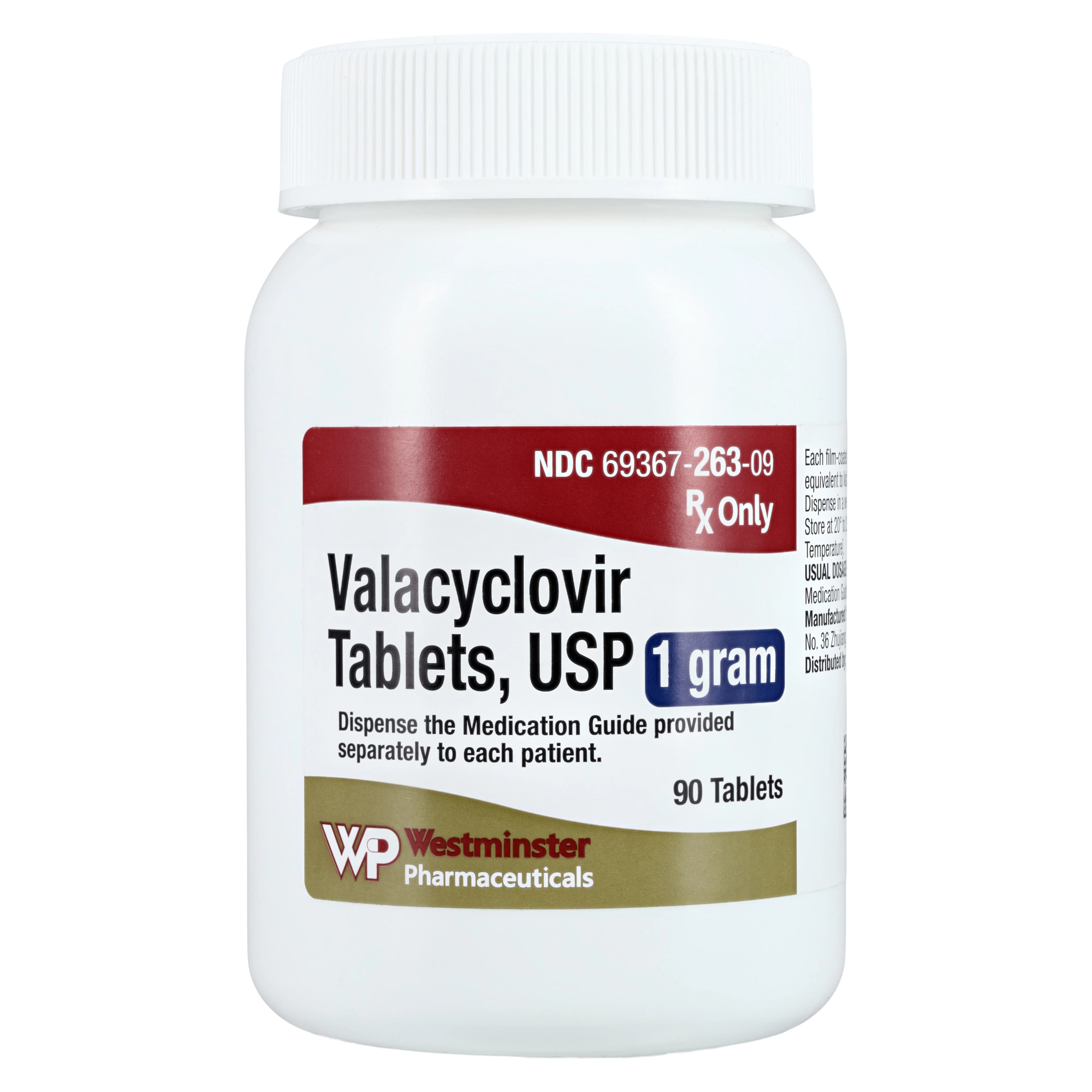 Valacyclovir HCl Tablets, 1 g, 90 Count Bottle - Valacyclovir HCl Tablets - Image 1