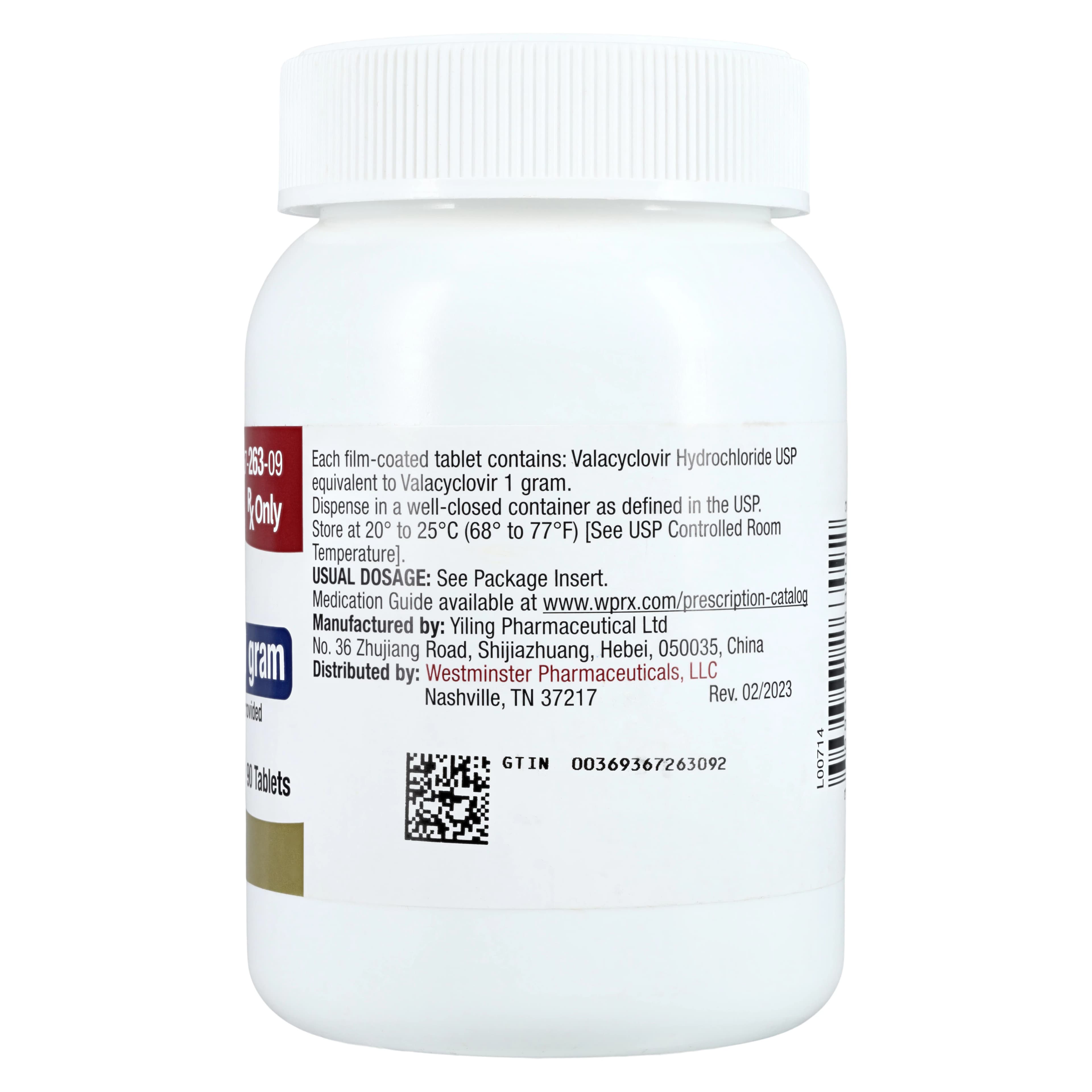 Valacyclovir HCl Tablets, 1 g, 90 Count Bottle thumbnail 2