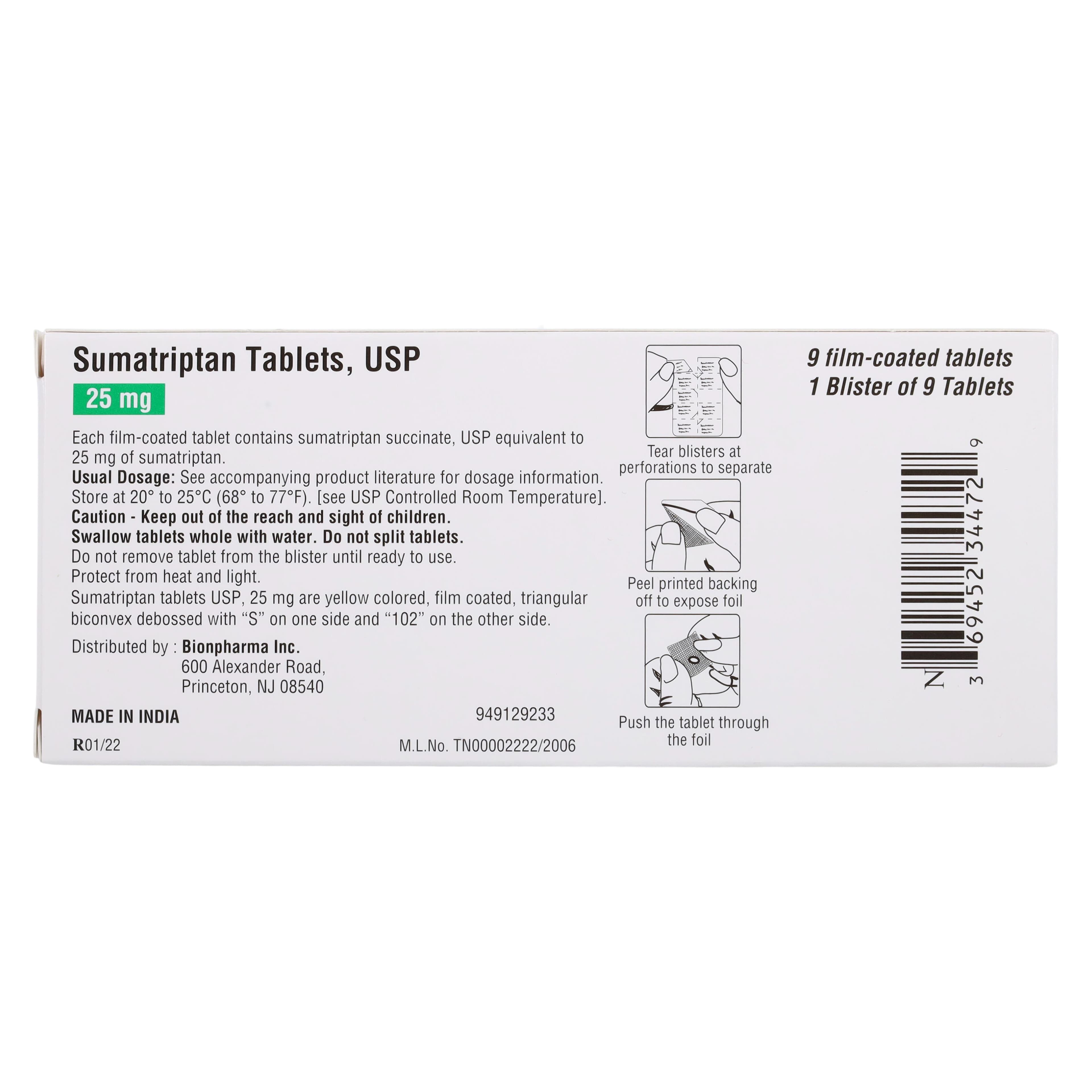 Sumatriptan Succinate Tablets 25mg, 9 Tablets per Box (Bionpharma Inc.) thumbnail 3