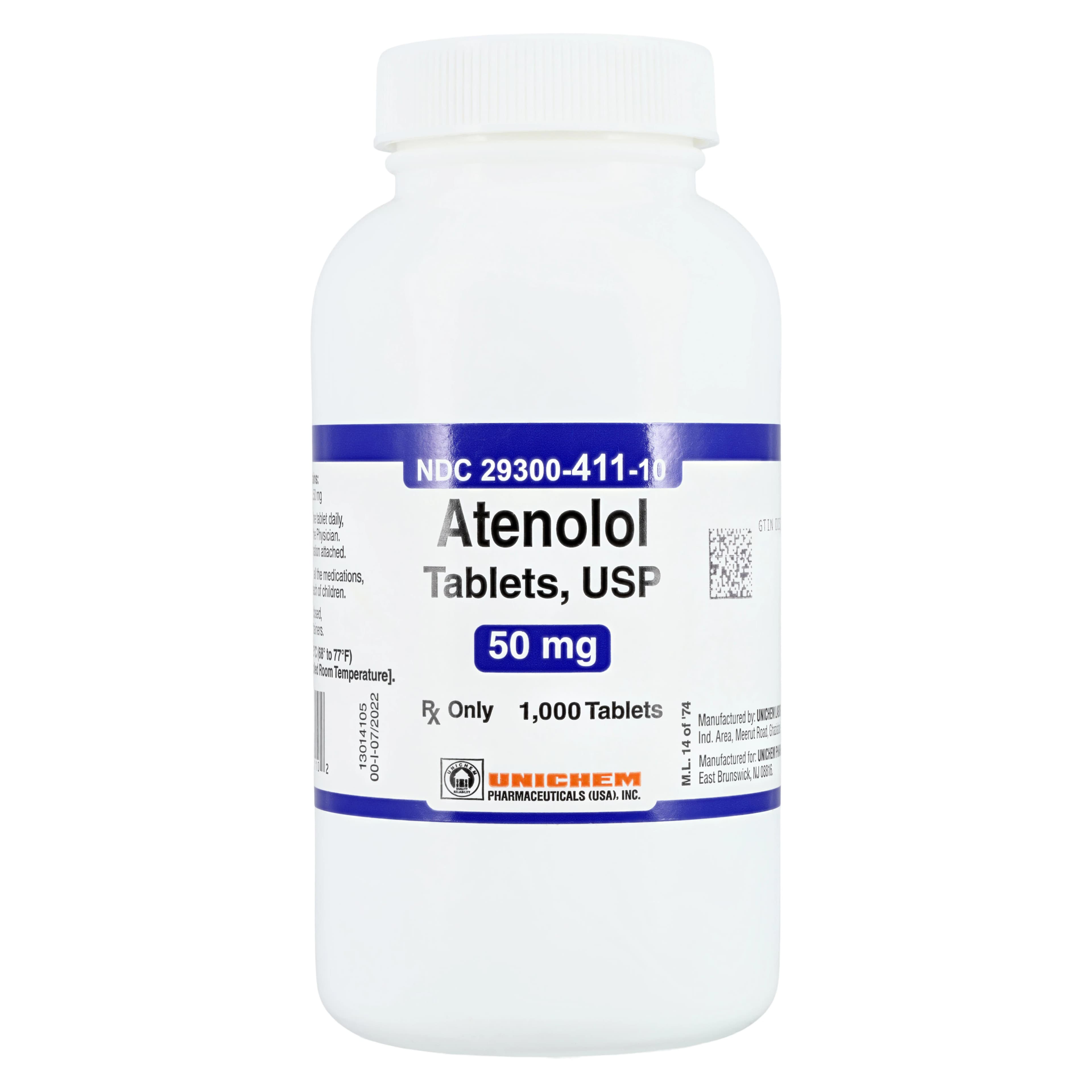 Atenolol Tablets 50mg, 1000/Bottle, Unichem Pharmaceuticals - Atenolol Tablets - Image 1