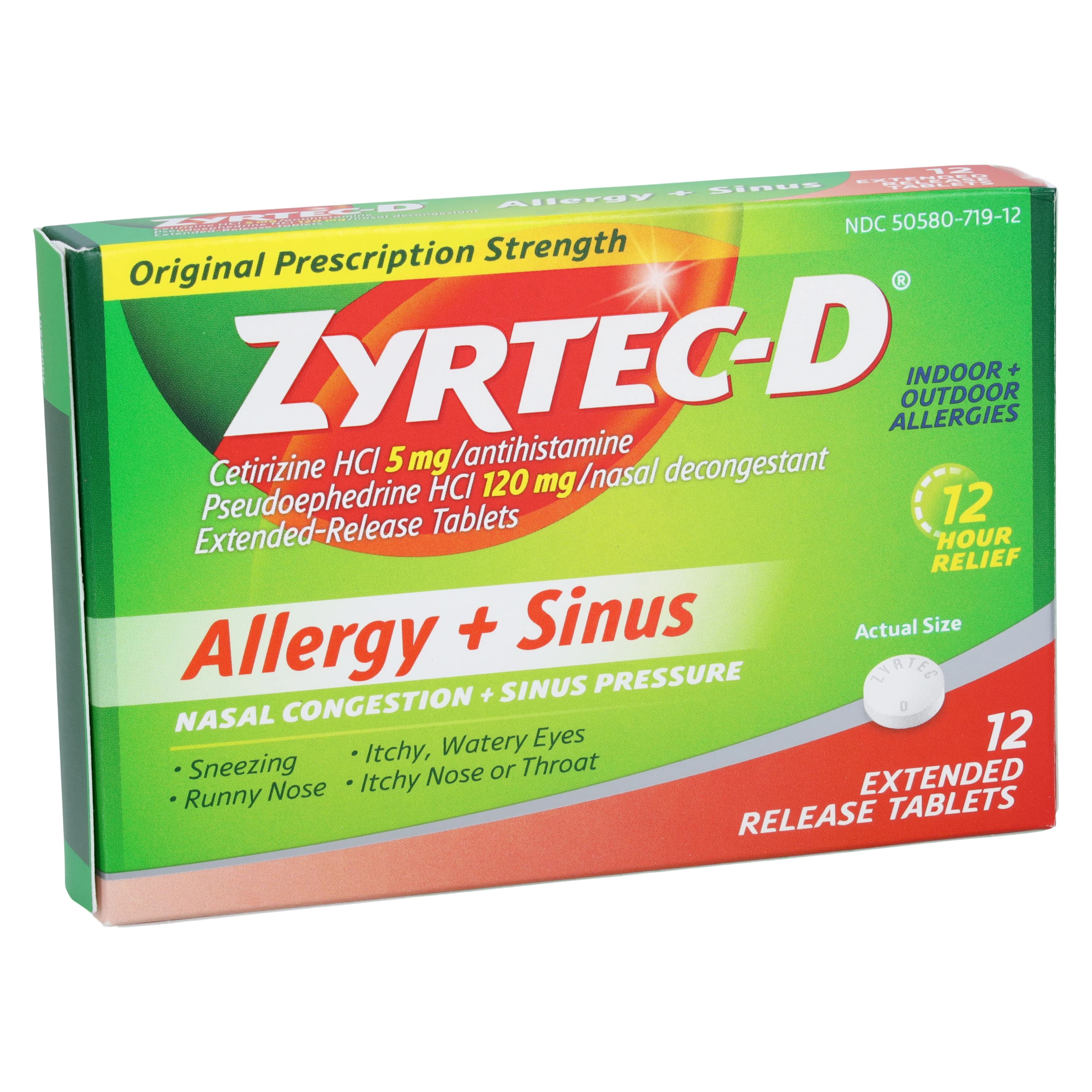 Zyrtec-D Allergy & Sinus Tablets, 5 mg Cetirizine HCl / 120 mg Pseudoephedrine HCl, 12 Tablets/Box - Zyrtec-D Tablets 5/120mg - Image 1