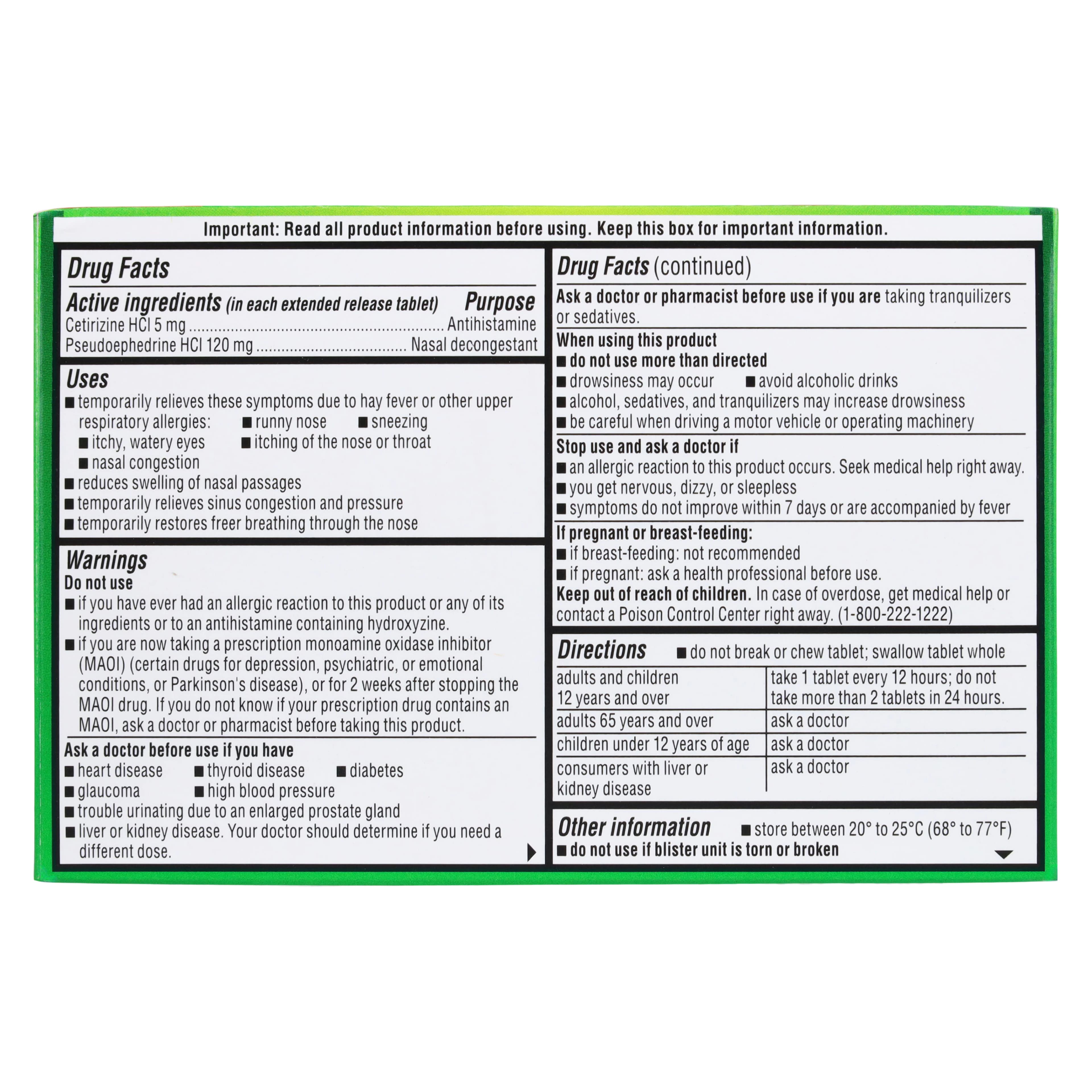Zyrtec-D Allergy & Sinus Tablets, 5 mg Cetirizine HCl / 120 mg Pseudoephedrine HCl, 12 Tablets/Box thumbnail 2