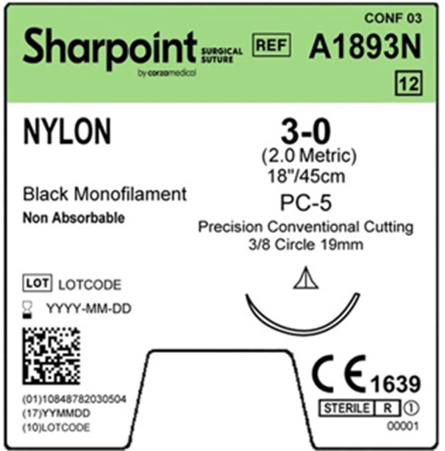 Sharpoint Plus Suture, Nylon/Monofilament, 3-0, 18", Non-Absorbable, PC-5 Precision Conventional Cutting 3/8 Circle Needle 19mm, Black, 12/Box - Suture Sharpoint Nylon PC-5 Nd - Image 1