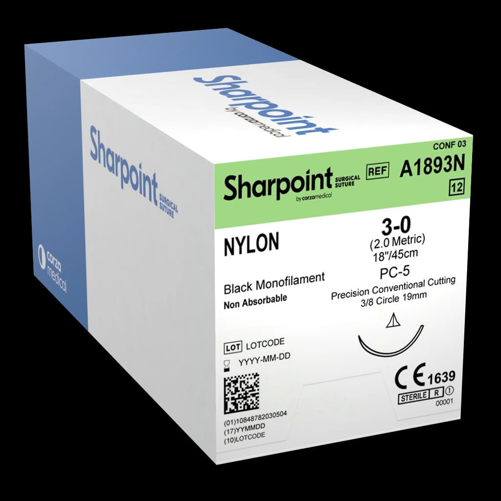 Sharpoint Plus Suture, Nylon/Monofilament, 3-0, 18", Non-Absorbable, PC-5 Precision Conventional Cutting 3/8 Circle Needle 19mm, Black, 12/Box thumbnail 2