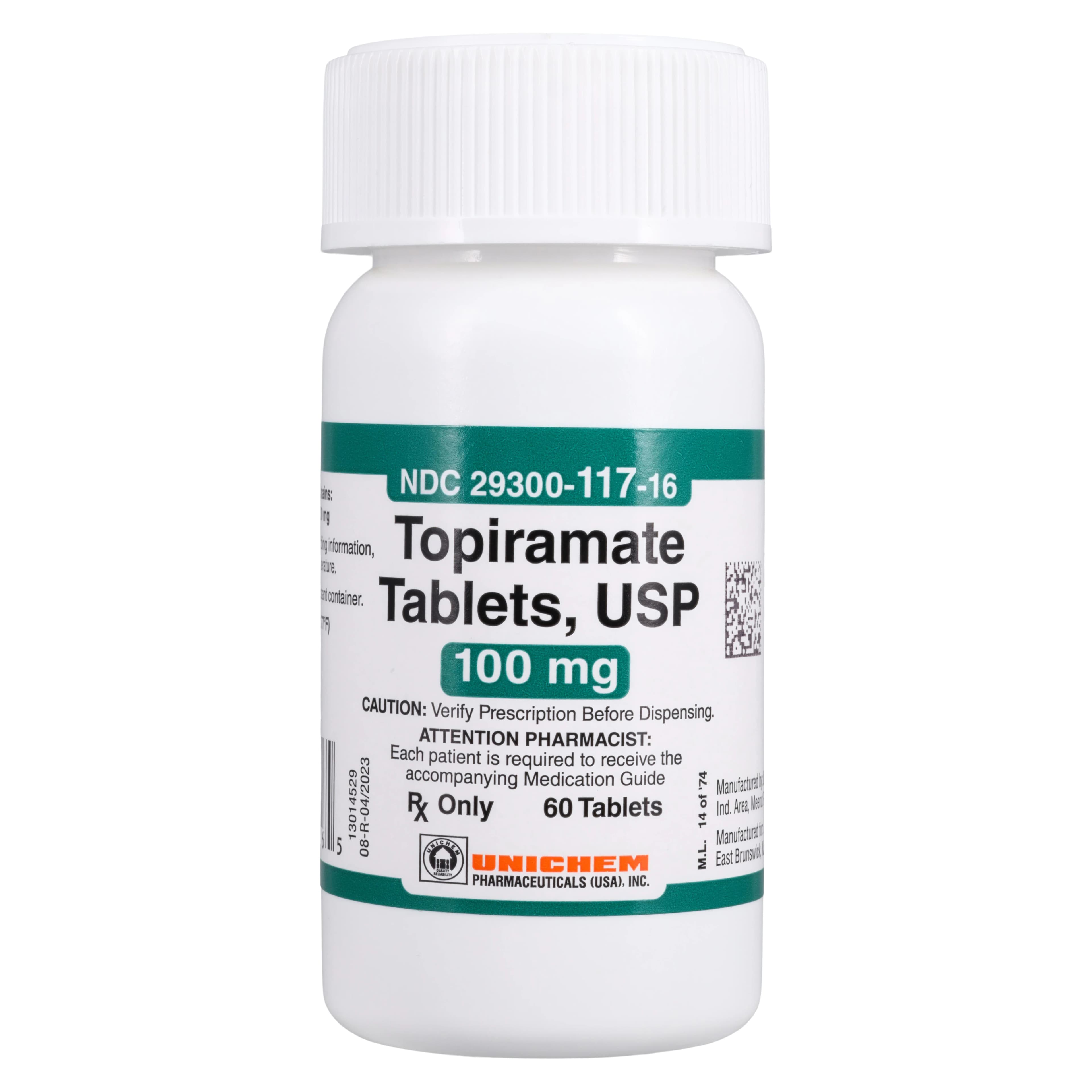 Topiramate Tablets 100mg, 60 Count Bottle (Unichem Pharmaceuticals) - Topiramate Tablets - Image 1