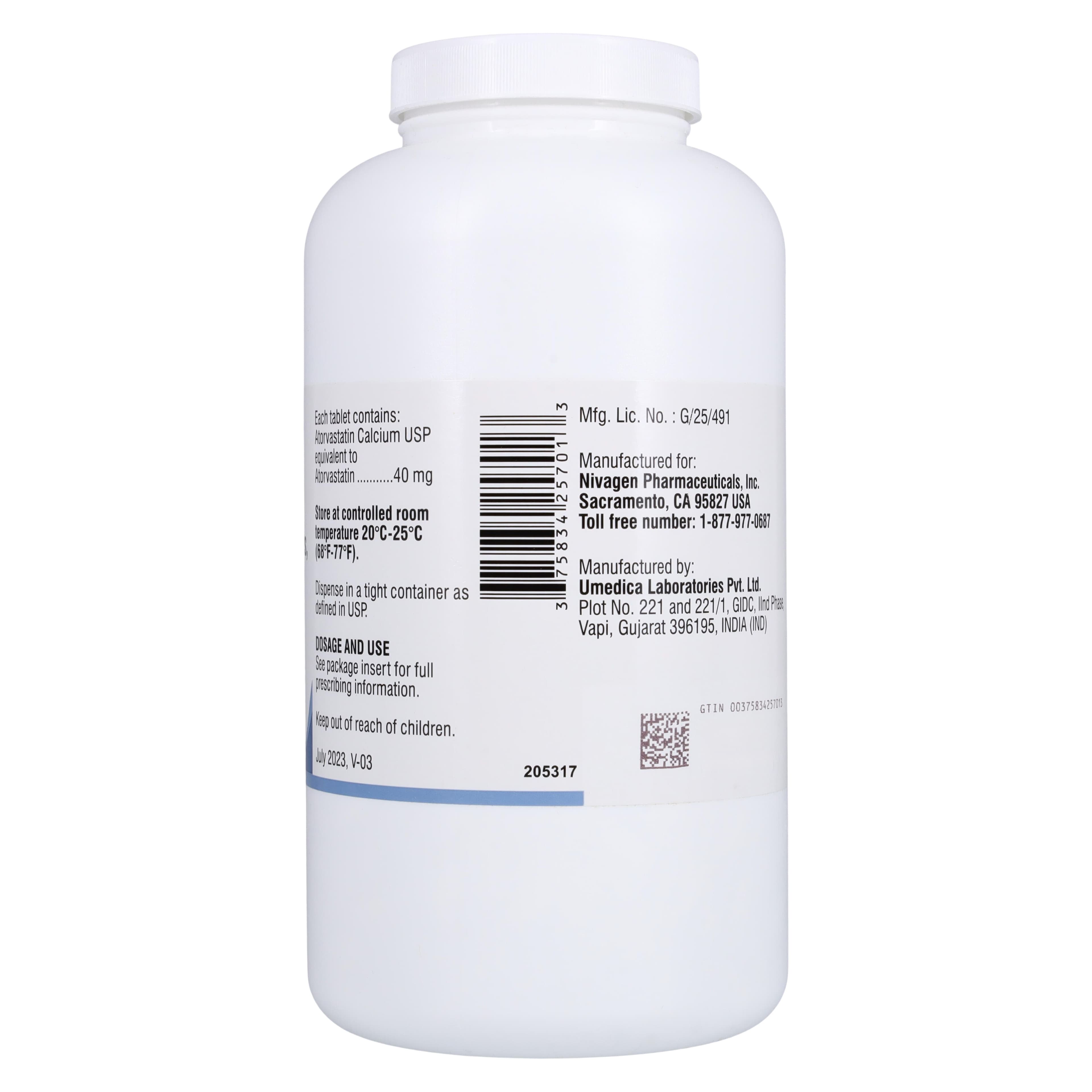 Atorvastatin Calcium Tablets, 40mg, 1000/Bottle, Nivagen Pharmaceuticals Inc thumbnail 2