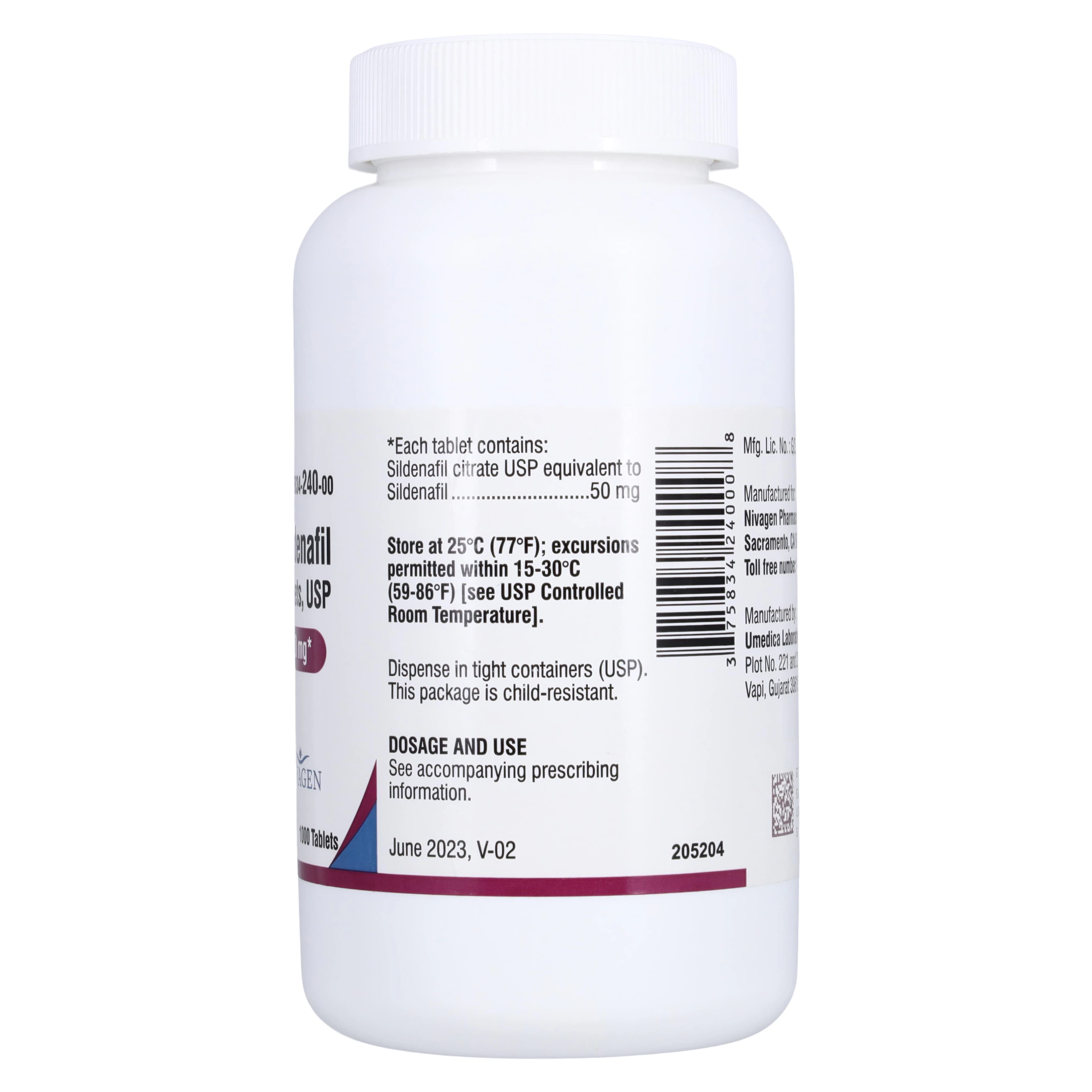 Sildenafil Citrate Tablets 50mg, 1000 Count Bottle, Nivagen Pharmaceuticals thumbnail 2
