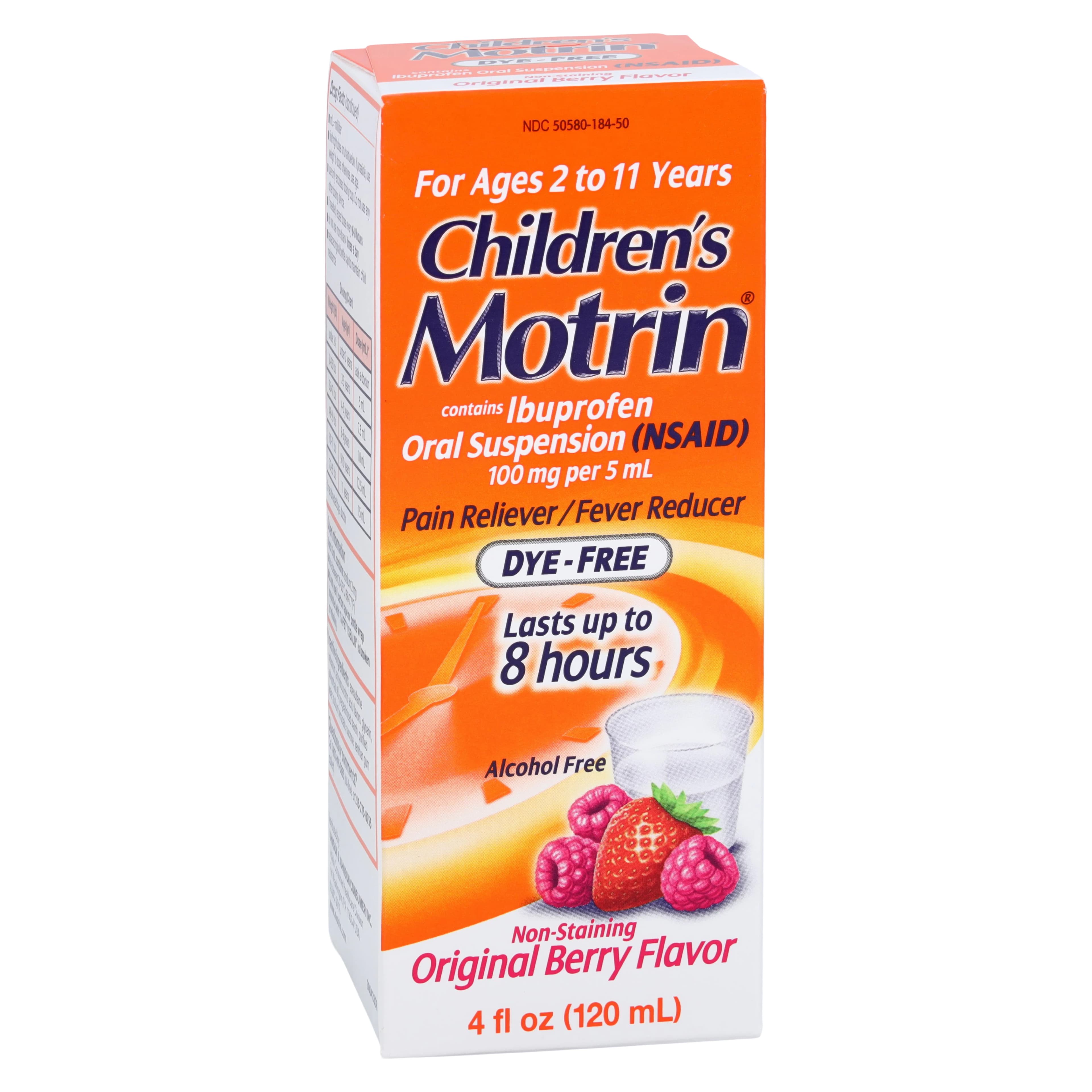 Motrin Children's Dye-Free Oral Suspension, 100mg/5mL, Berry Flavor, 4oz Bottle, 3/Pack - MOTRIN CHILD DYEFREE 4oz - Image 1