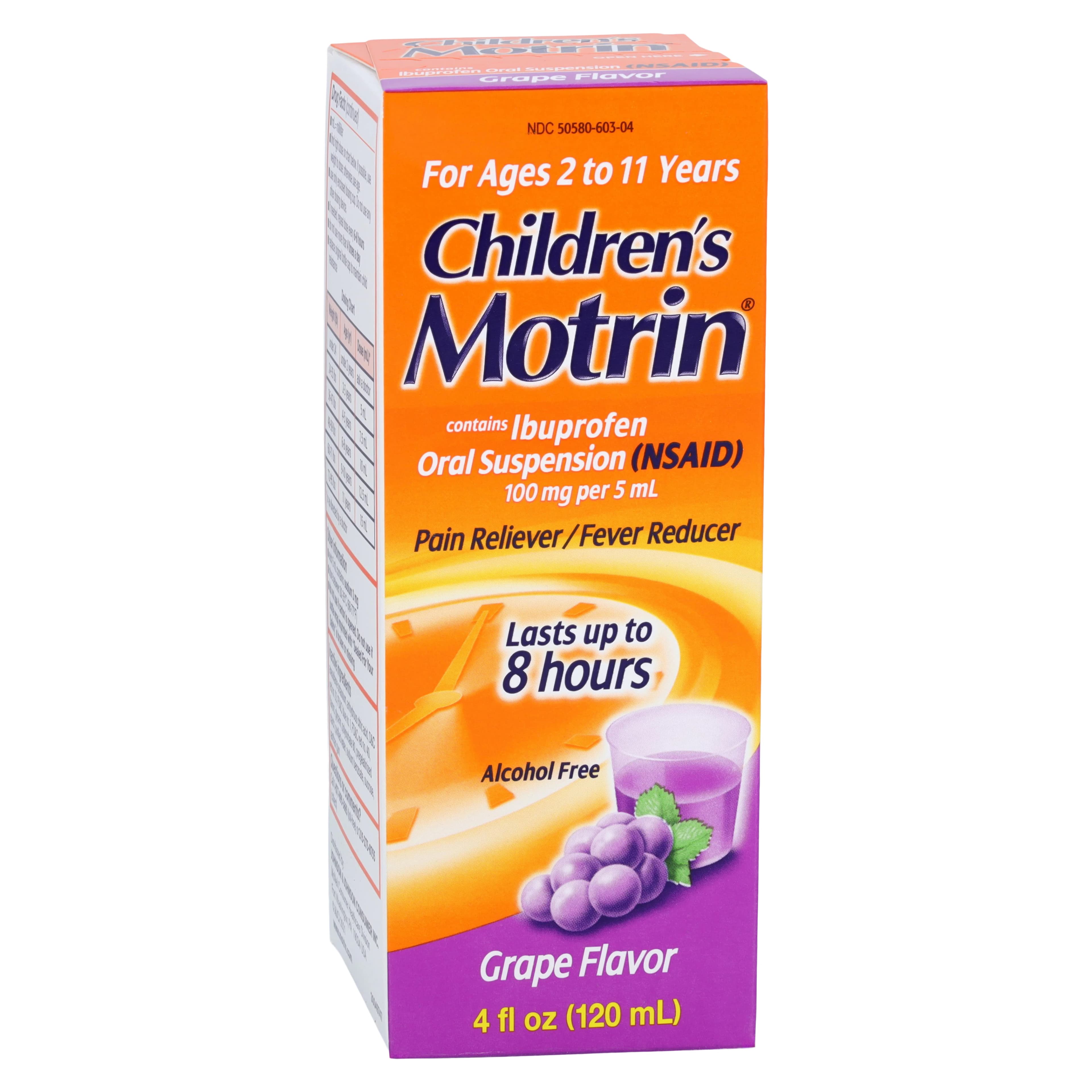 Motrin Children's Liquid Pain Reliever/Fever Reducer, 100mg/5mL, Alcohol Free, Grape Flavor, 4oz Bottle, 3/Package - MOTRIN CHLD LIQ 100mg/5mL 4oz - Image 1