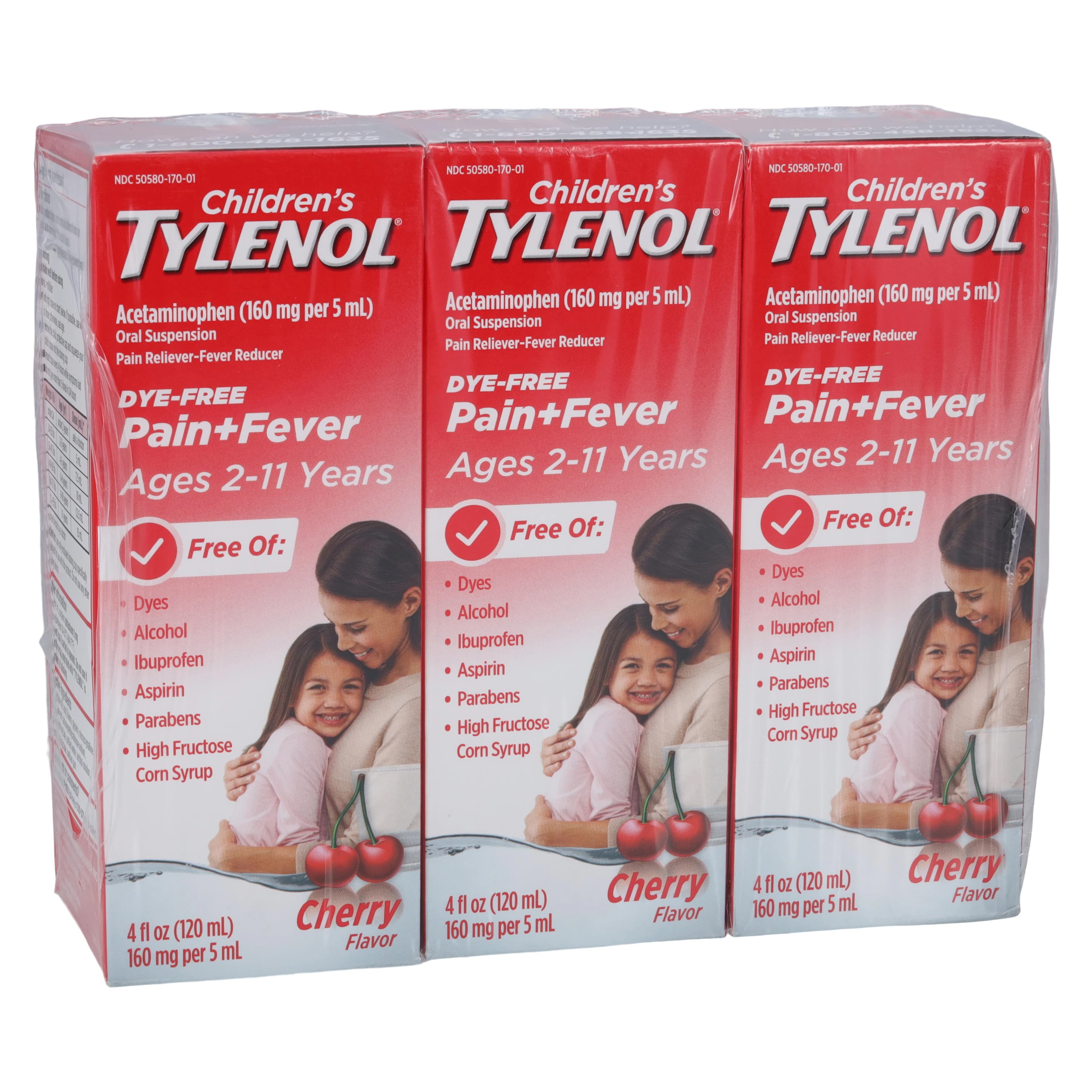 Tylenol Children's Acetaminophen Oral Suspension, 160 mg/5 mL, Cherry Flavor, 120 mL, 3-Pack - TYLENOL CHILD LIQ DF CHERRY - Image 1