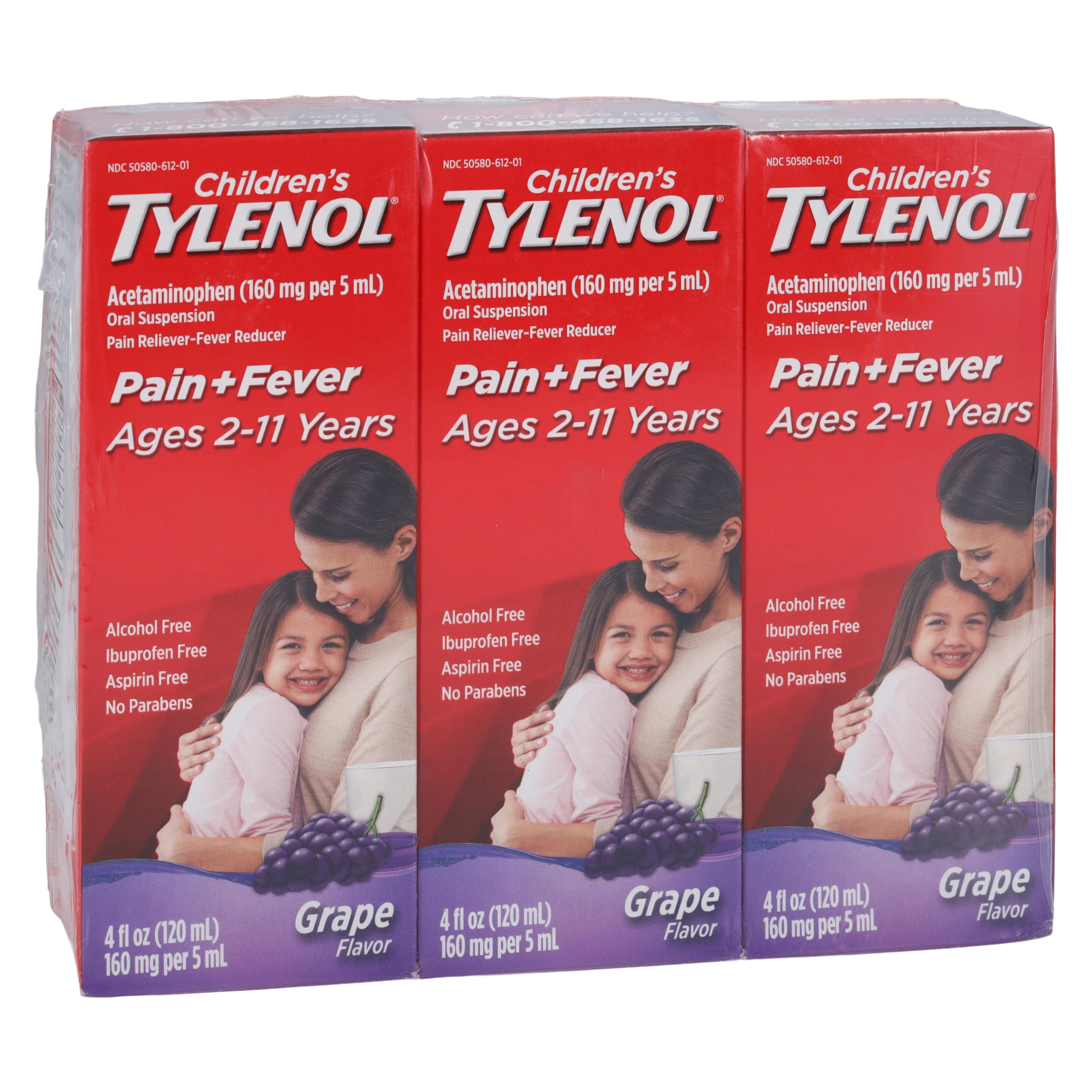 Tylenol Children's Oral Suspension, Pain Reliever/Fever Reducer, 160mg/5mL, Grape Flavor, 3 Bottles/Pack, 12 Packs/Case - TYLENOL CHILDRN ORALSUSP - Image 1