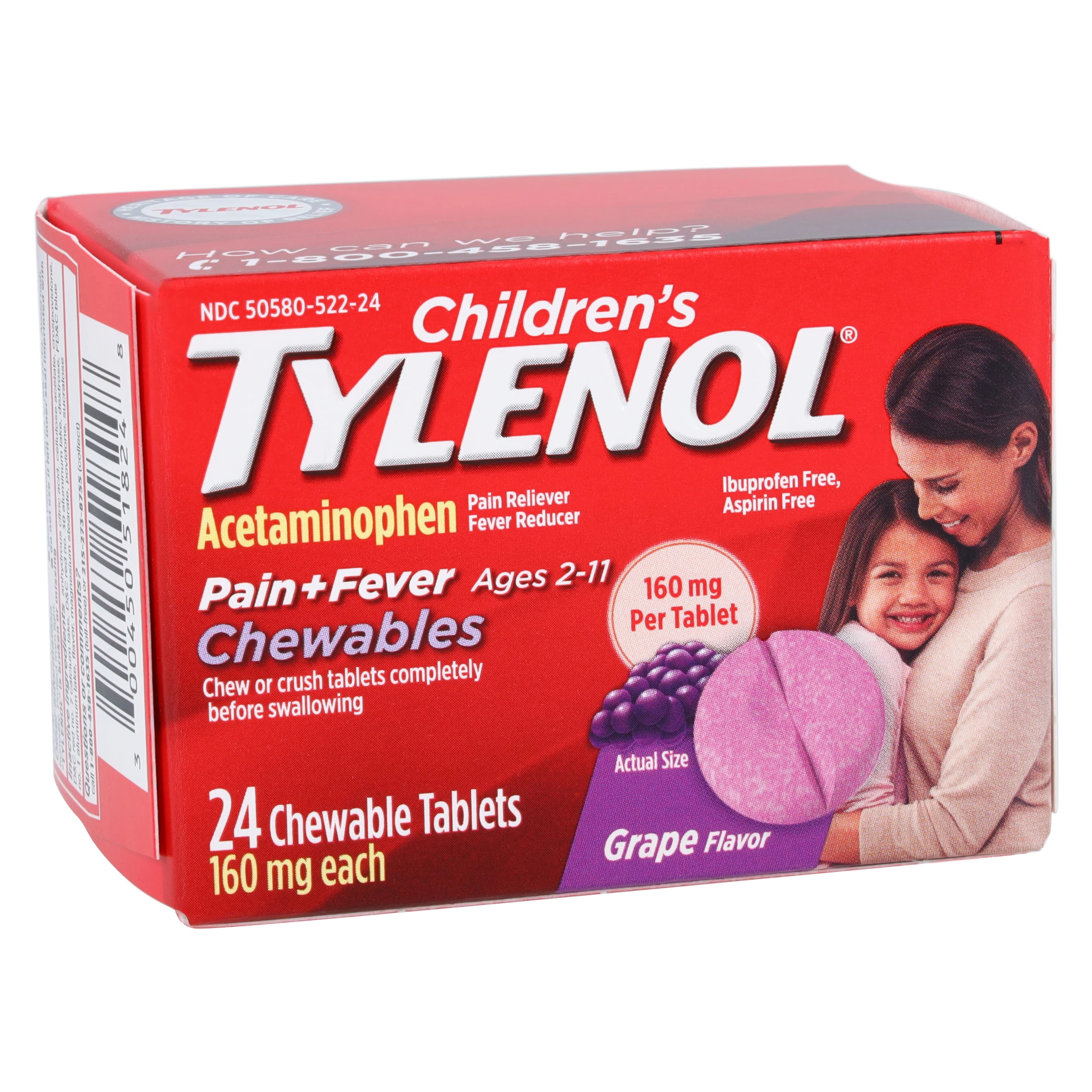 Tylenol Children's Chewable Pain Reliever & Fever Reducer, Grape, 160 mg, 24 Count Bottle - TYLENOL CHILD CHEW GRAPE 24/Bt - Image 1