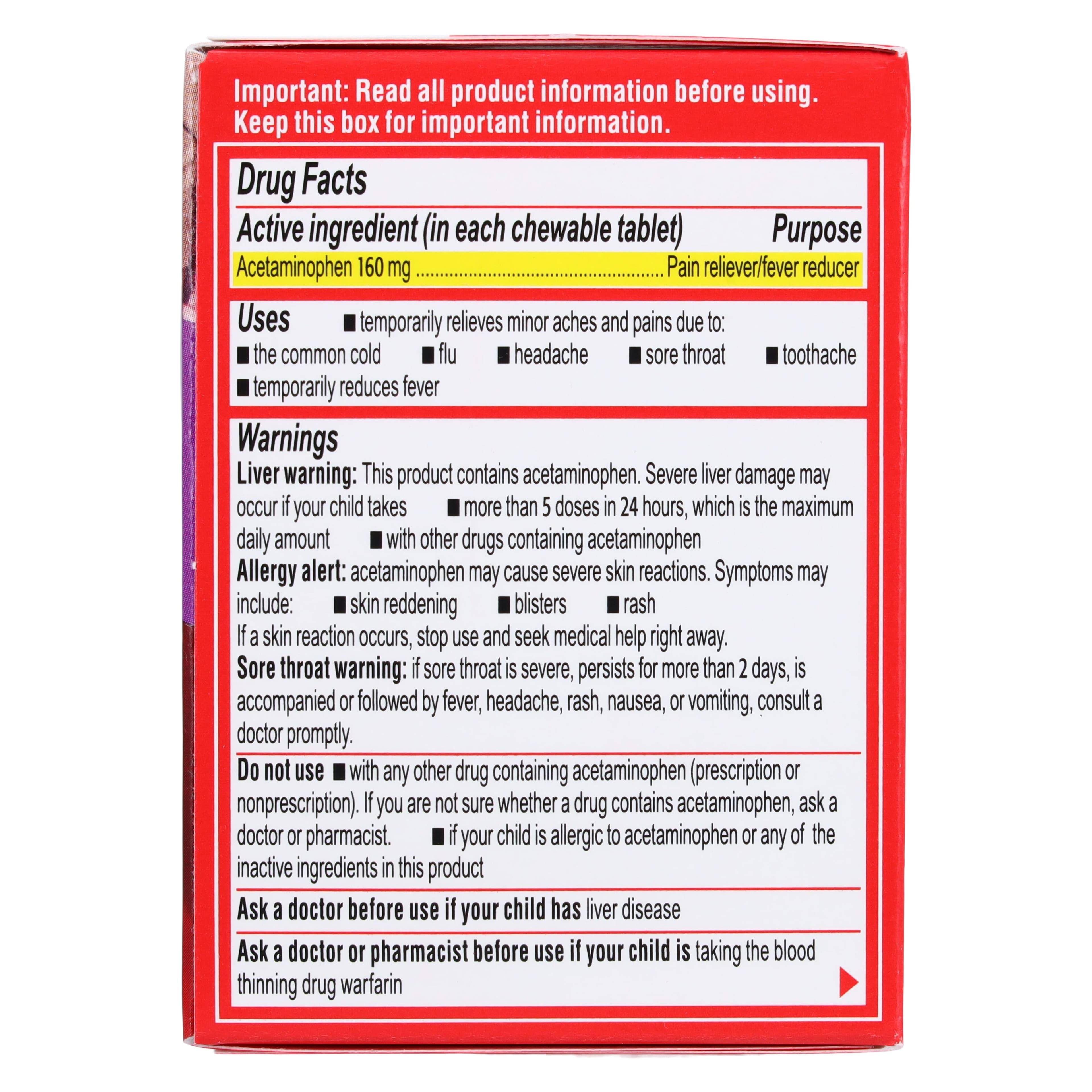 Tylenol Children's Chewable Pain Reliever & Fever Reducer, Grape, 160 mg, 24 Count Bottle thumbnail 2