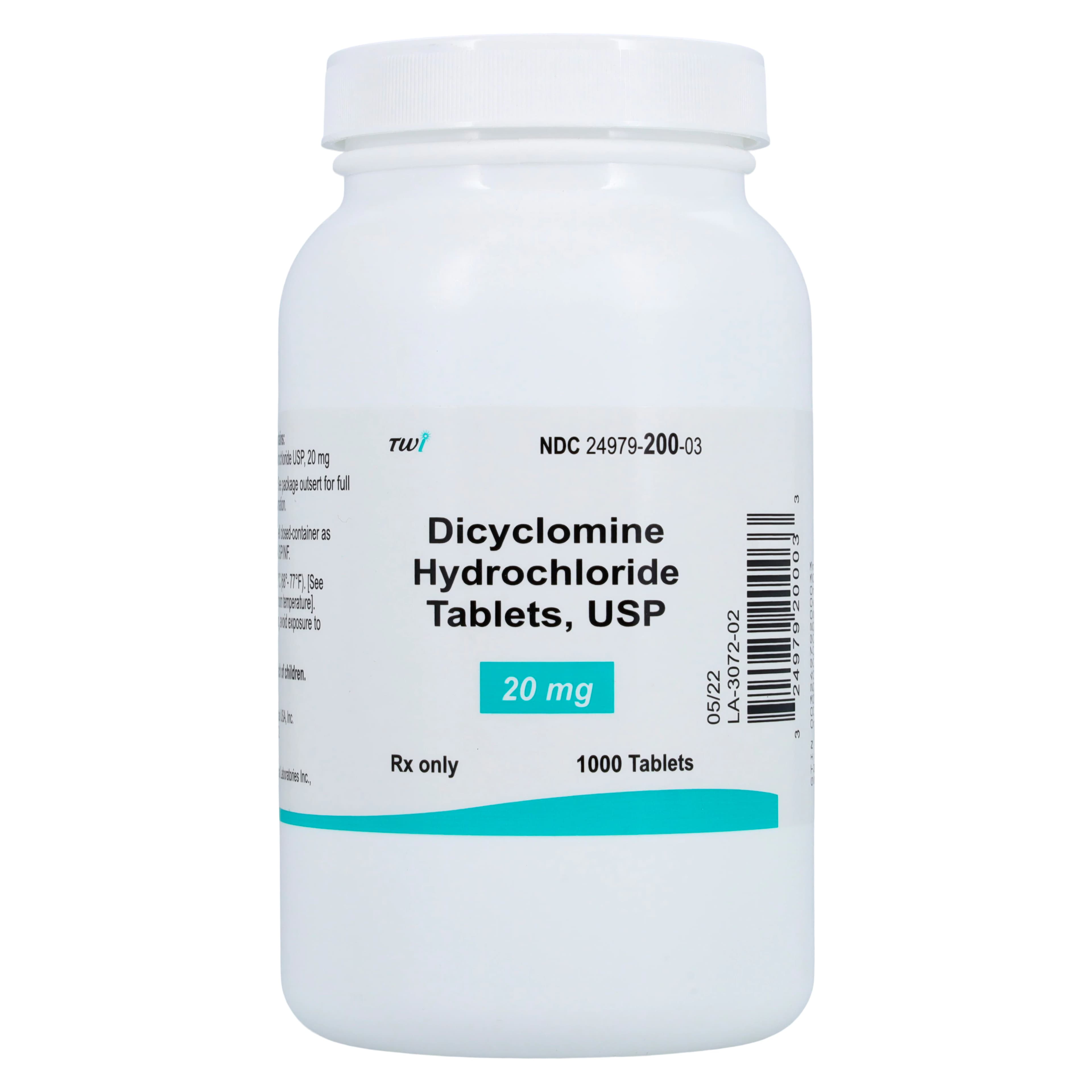 Dicyclomine HCl Tablets 20mg, 1000/Bottle, TWI Pharmaceuticals USA - Dicyclomine HCl Tablets - Image 1