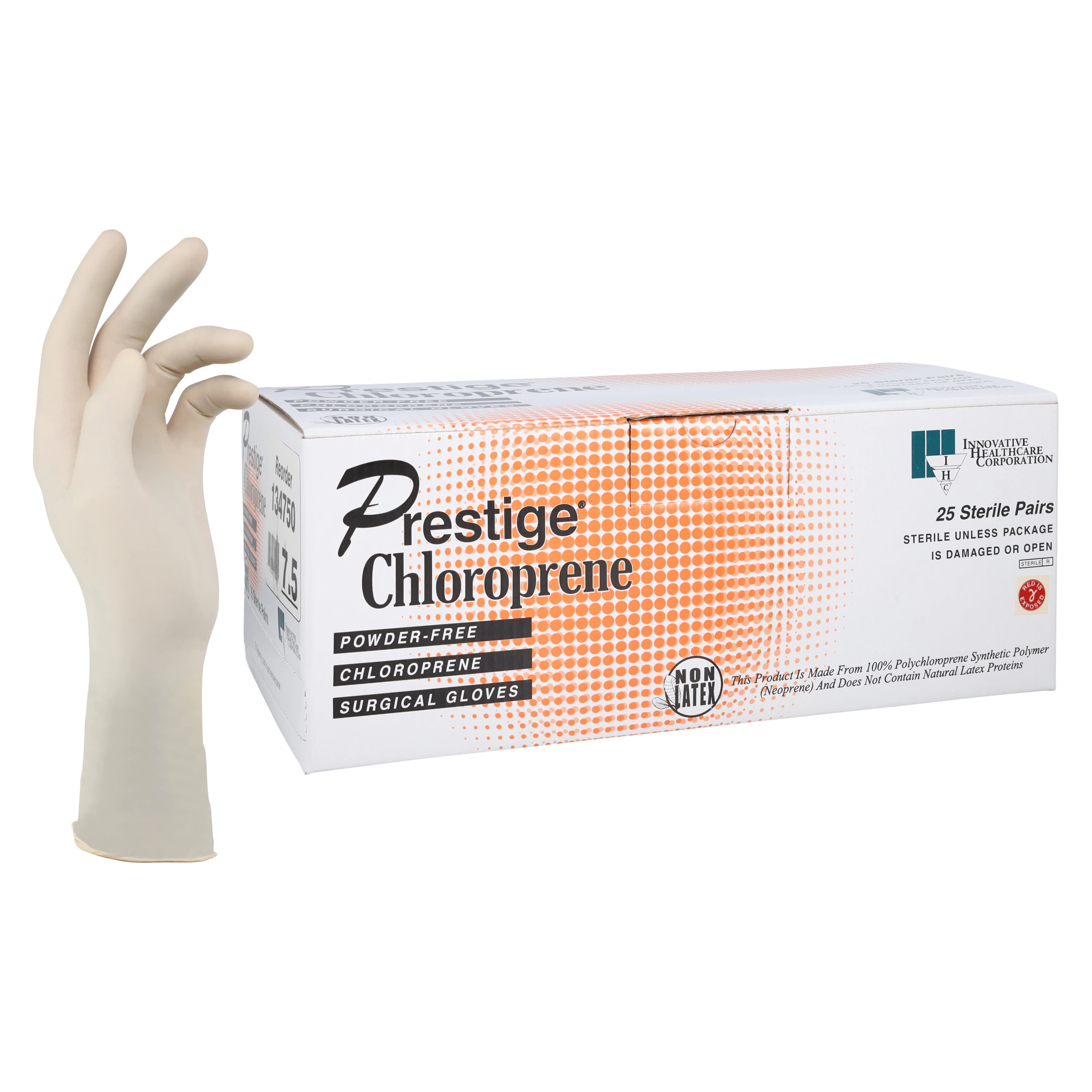 Dermassist Prestige Chloroprene Surgical Gloves, Powder-Free, Latex-Free, Textured, Size 7.5, White, 25/Box - Dermassist Prestige 7.5 PF Txt Polych Surg Glv 25p - Image 1