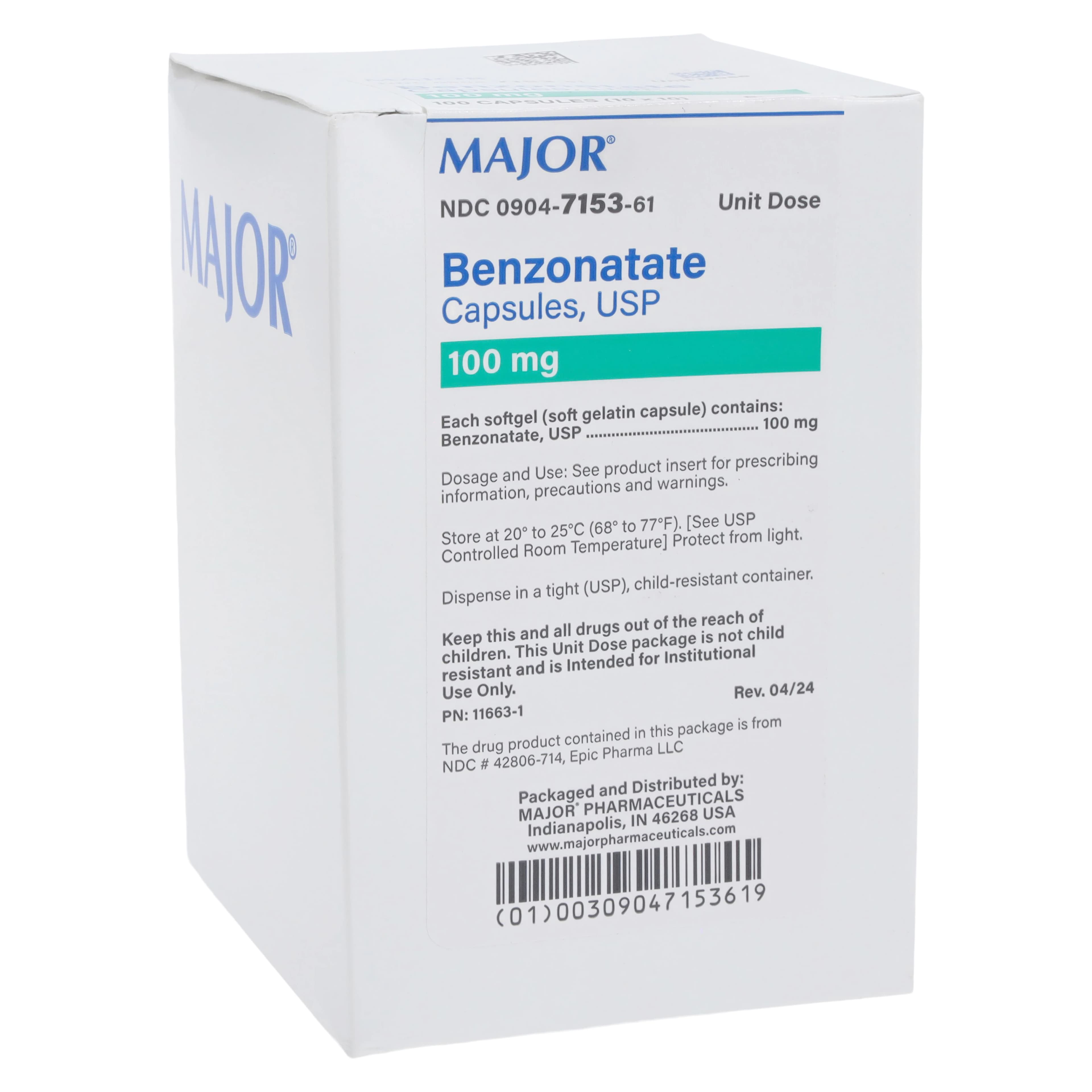 Benzonatate Capsules 100 mg, Unit Dose, 100/Package, Major Pharmaceuticals - Benzonatate Capsules UD - Image 1