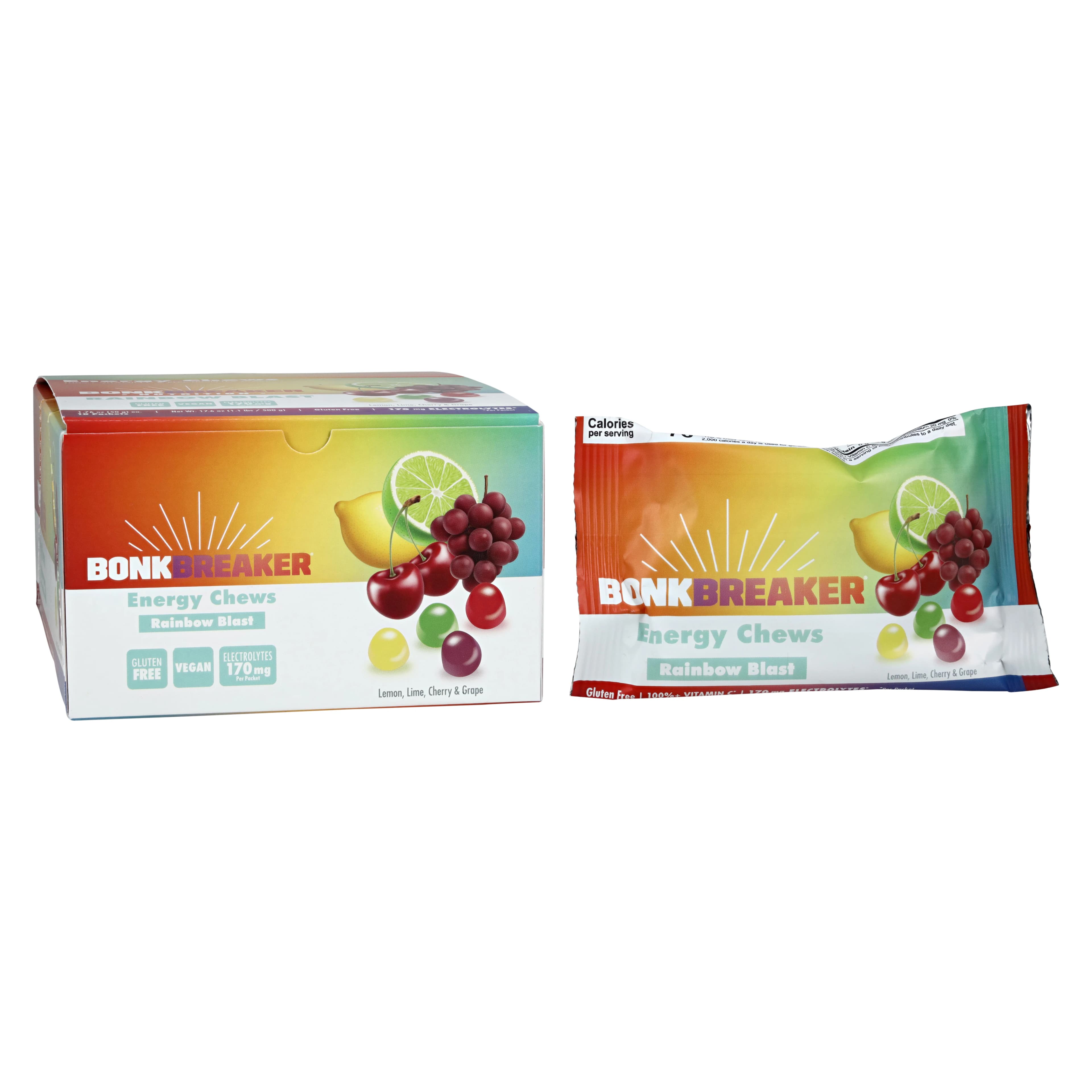 Bonk Breaker Energy Chews, Rainbow Blast, 100% Vitamin C DV, Electrolyte, Lemon/Lime/Cherry/Grape, Carton of 10 - Bonk Breaker Rainbow Blast Ene - Image 1