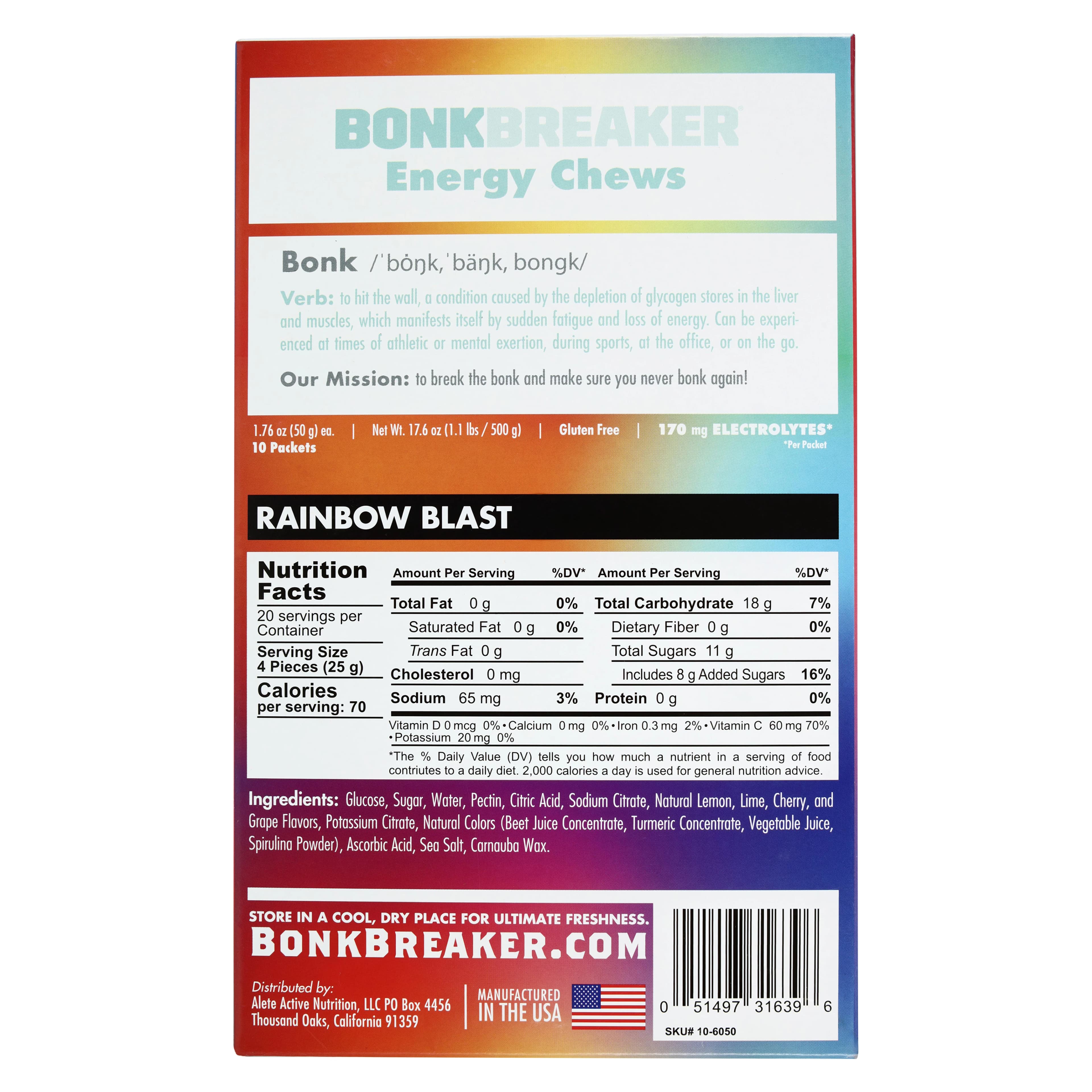 Bonk Breaker Energy Chews, Rainbow Blast, 100% Vitamin C DV, Electrolyte, Lemon/Lime/Cherry/Grape, Carton of 10 thumbnail 7