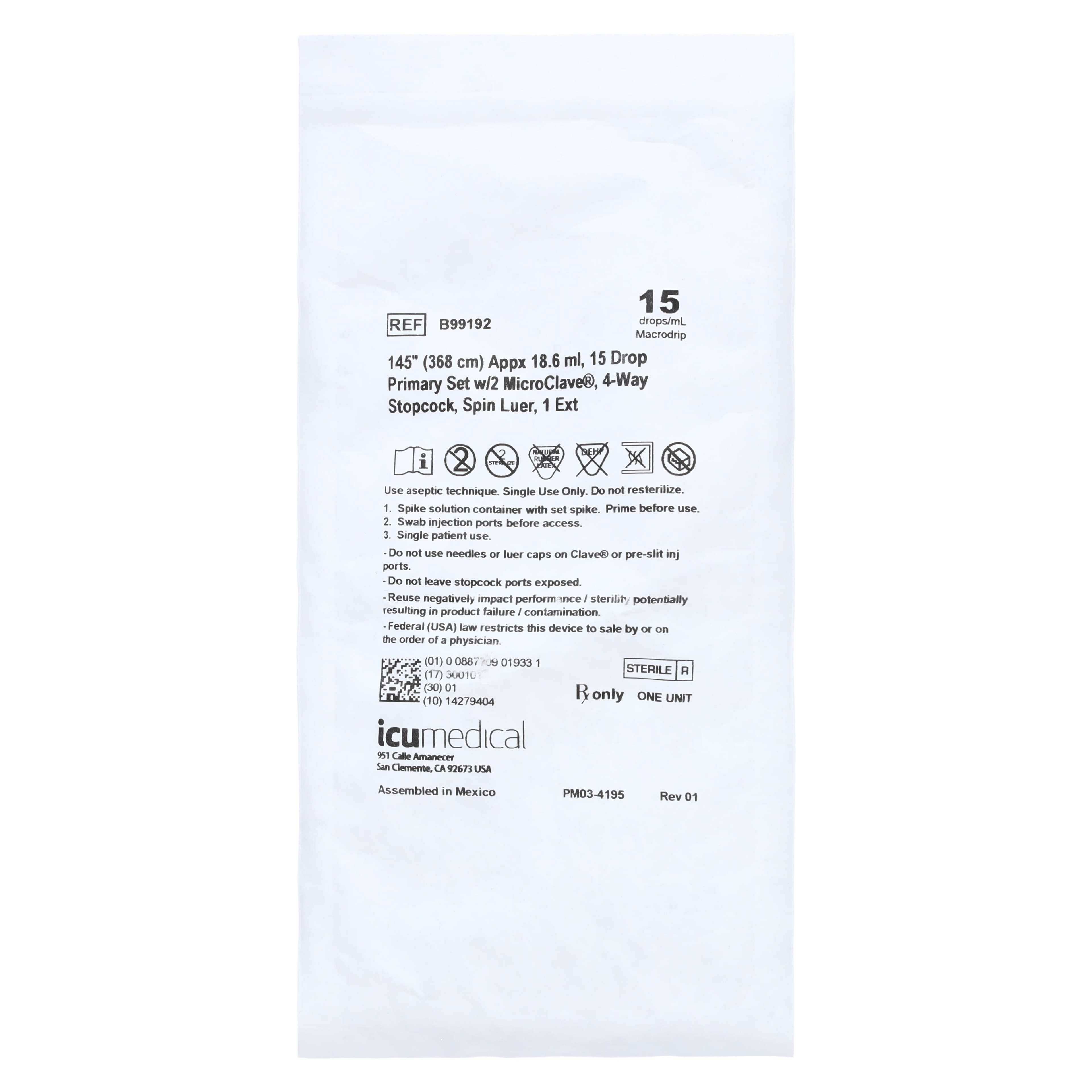 ICU Medical 2-Bravo 24 IV Administration Set, 15 Drop, 145" Tubing, 24 Injection Sites, 50/Case - Set IV Admin 15 Drop 2Bravo24 - Image 1