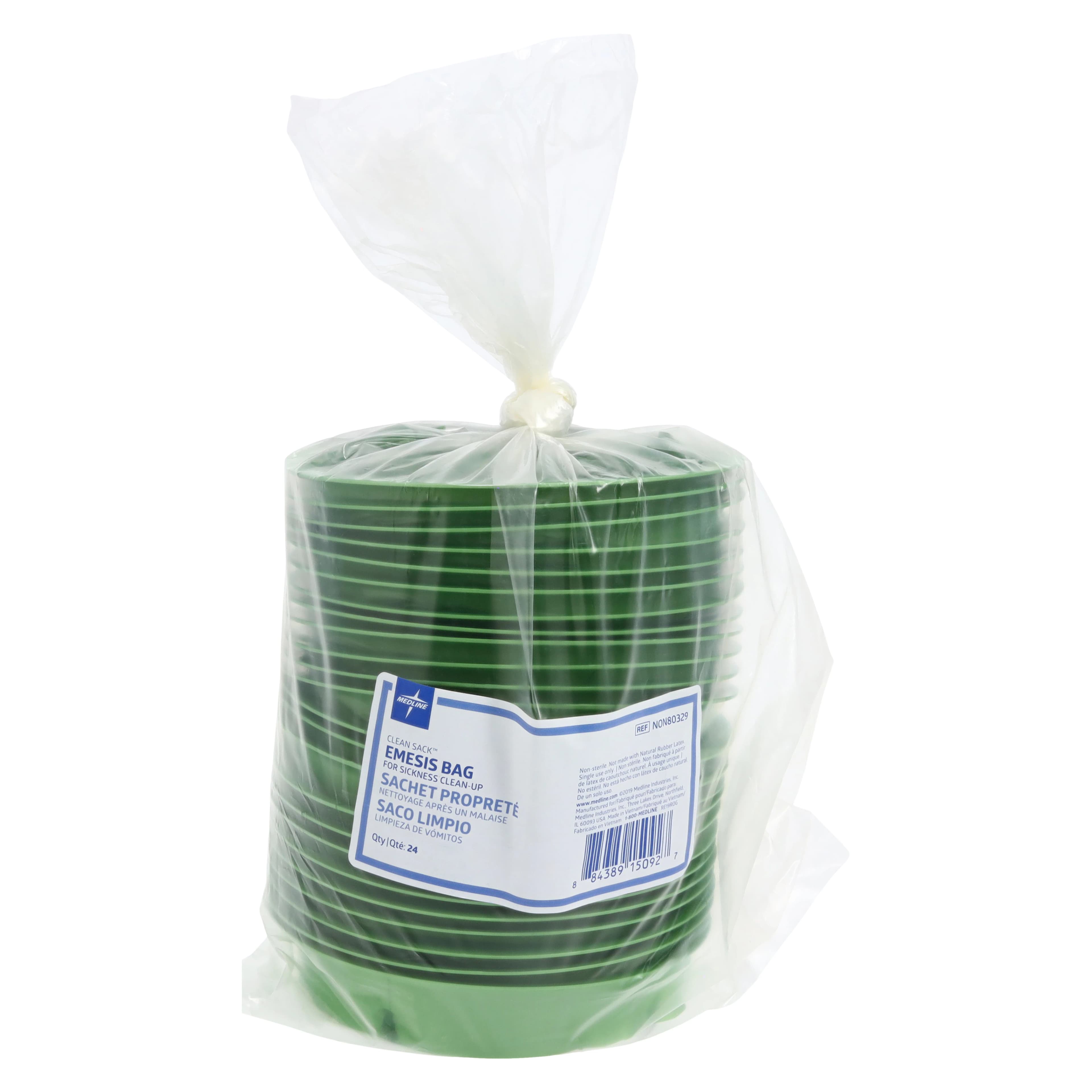 Medline Emesis Bag, Green HDPE, 5" x 6" x 13", Rigid LDPE Lid/Knob, with Paper Funnel, 24/Package thumbnail 2