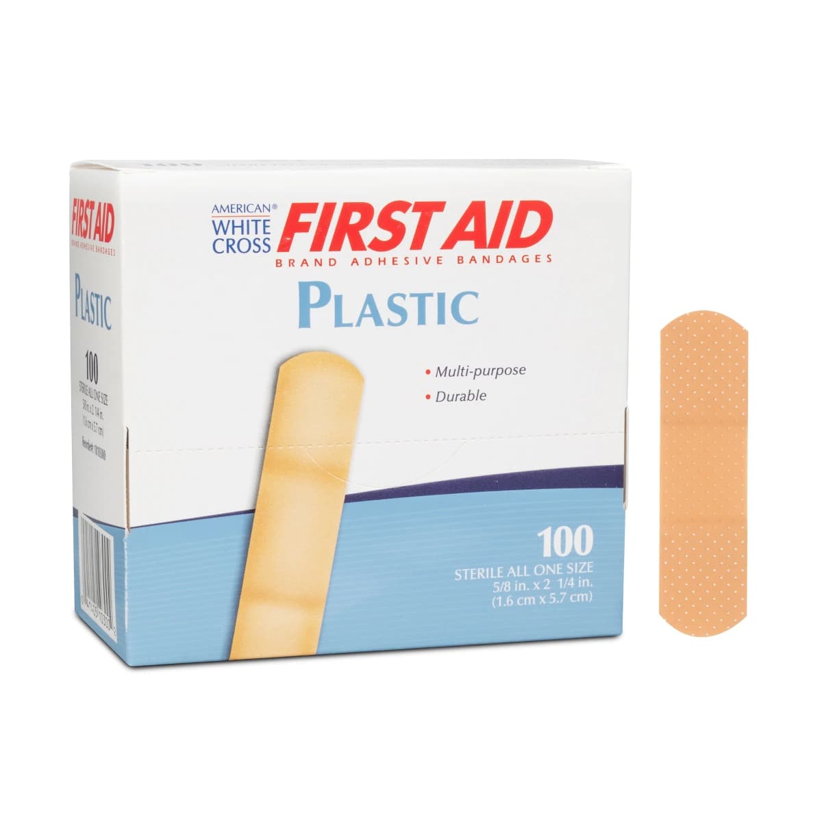 American White Cross Adhesive Bandage Plastic Strip, 5/8" x 2-1/4", Tan, Sterile, 100/Box - Bandage Adhsv Plastic Strip - Image 1