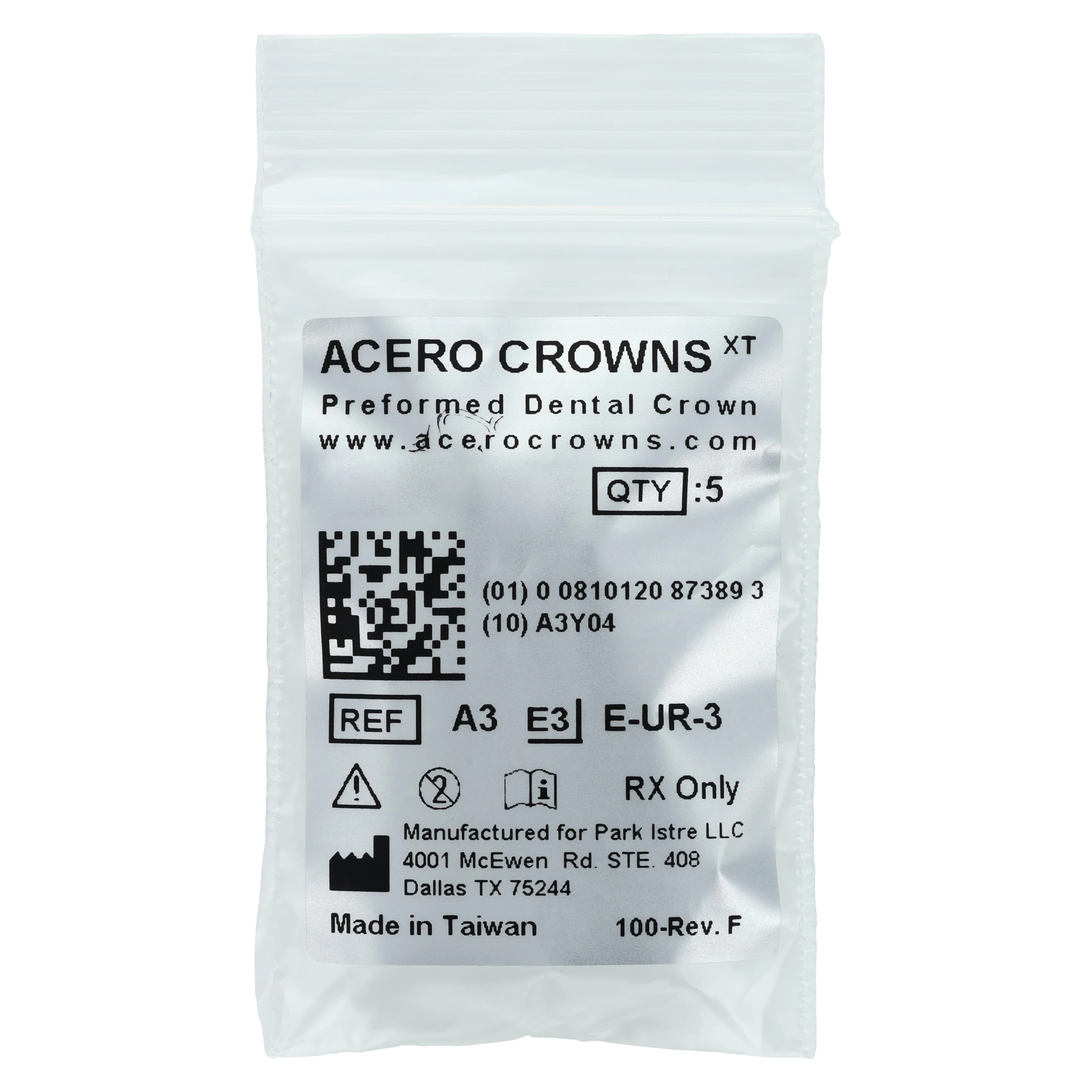 Acero XT Stainless Steel Crown, Upper Right Primary Second Molar (Tooth A), Size 3, 5/Pack, E-UR-3 - Acero XT Upper Right Second Molar "A" Refill 5/Pack - Image 1