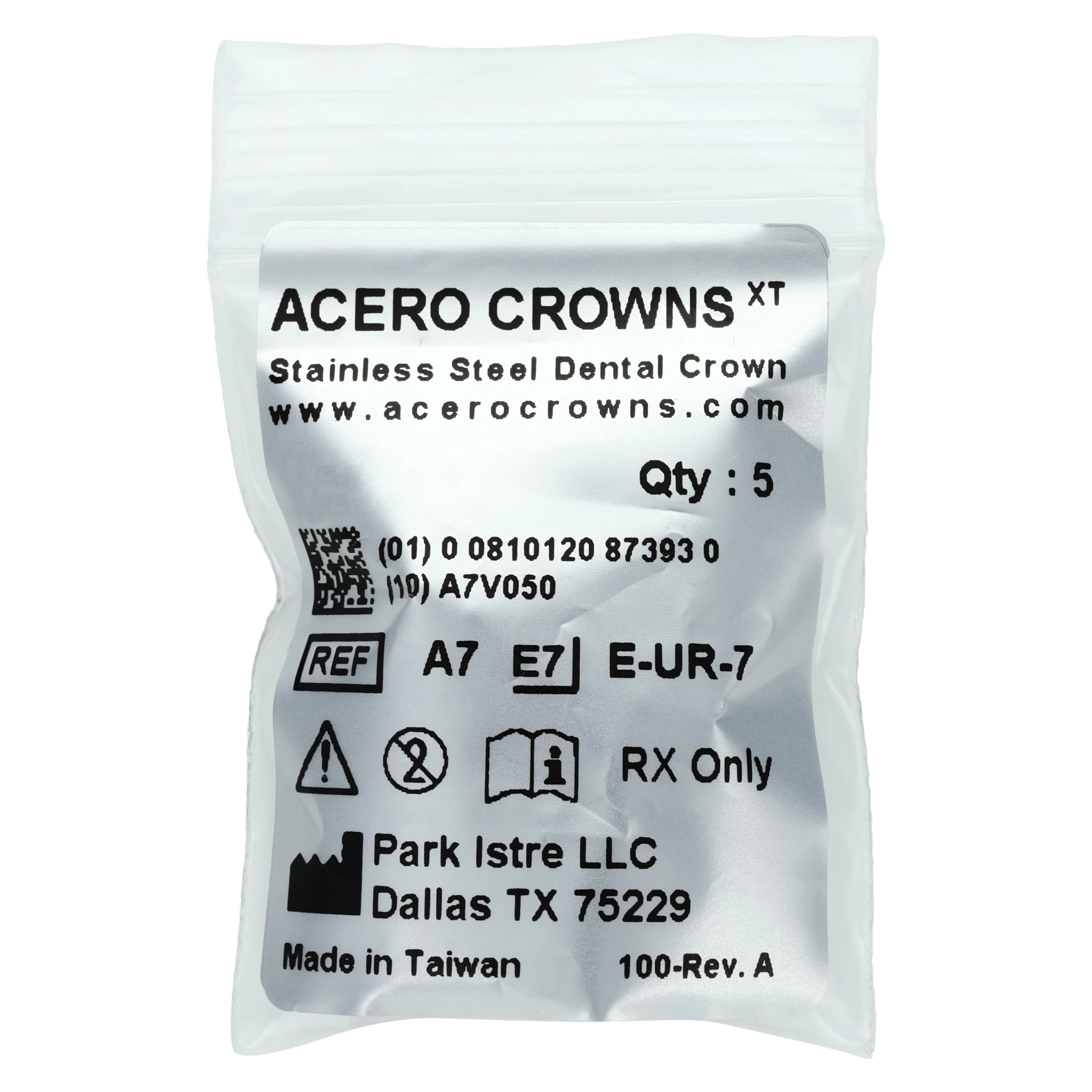 Acero XT Stainless Steel Crown, Upper Right Primary Second Molar "A", Size 7, 5/Pack, E-UR-7 - Acero XT Upper Right Second Molar "A" Refill 5/Pack - Image 1