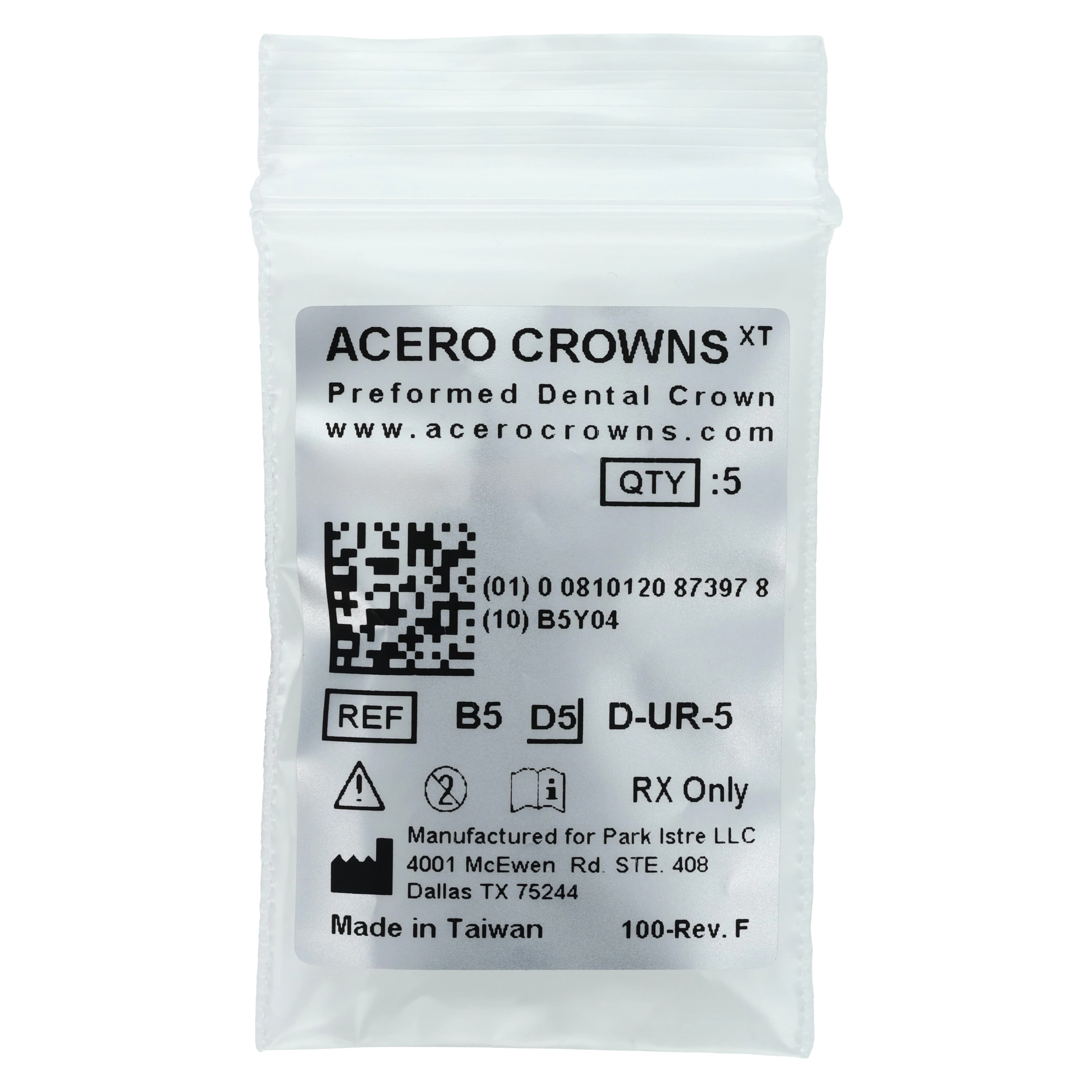 Acero XT Stainless Steel Crown, Upper Right Primary First Molar (Tooth B), Size 5, 5/Pack, D-UR-5 - Acero XT Upper Right First Molar "B" Refill 5/Pack - Image 1