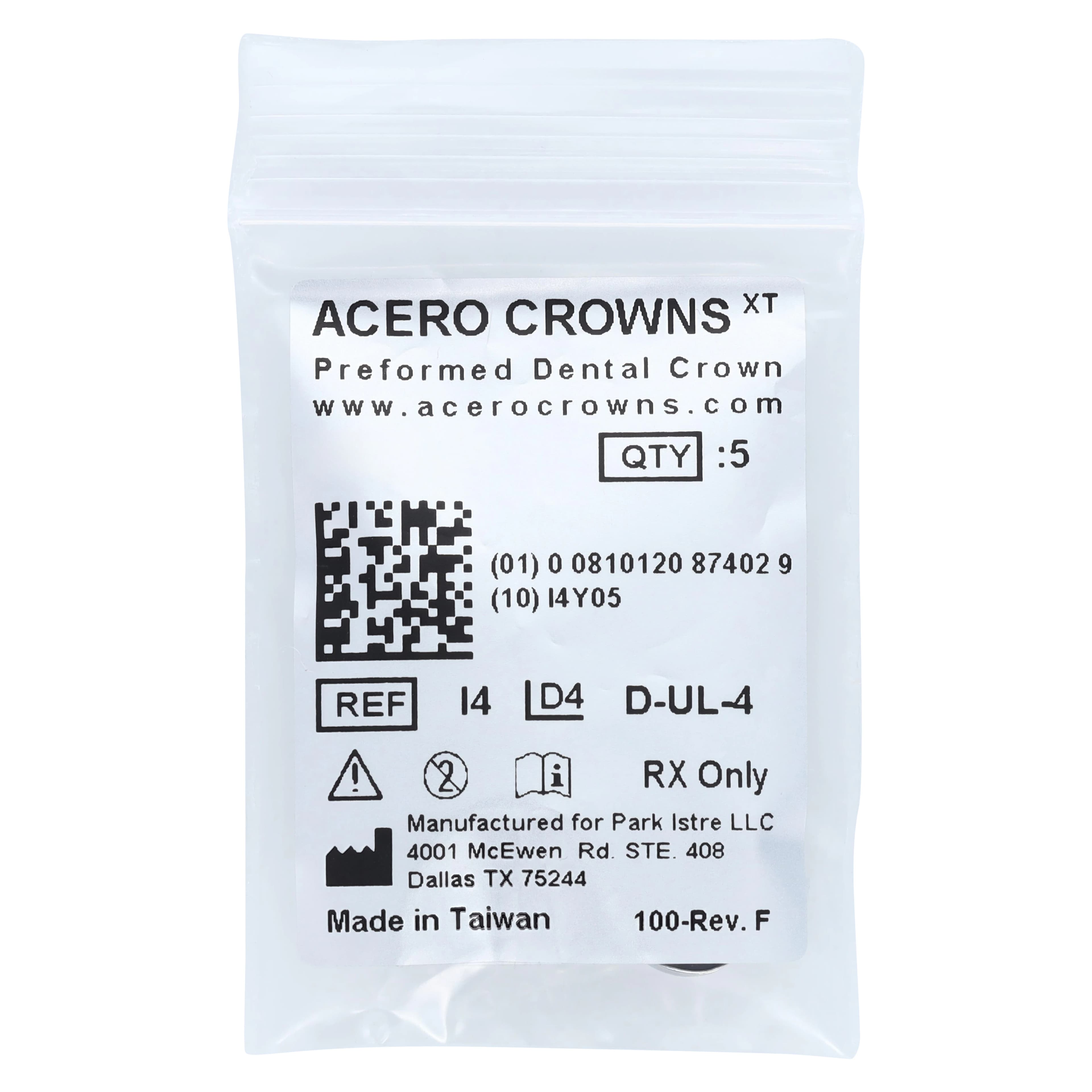 Acero XT Stainless Steel Crown, Upper Left Primary First Molar (I), Size 4, 5/Pack, D-UL-4 - Acero XT Upper Left First Molar "I" Refill 5/Pack - Image 1
