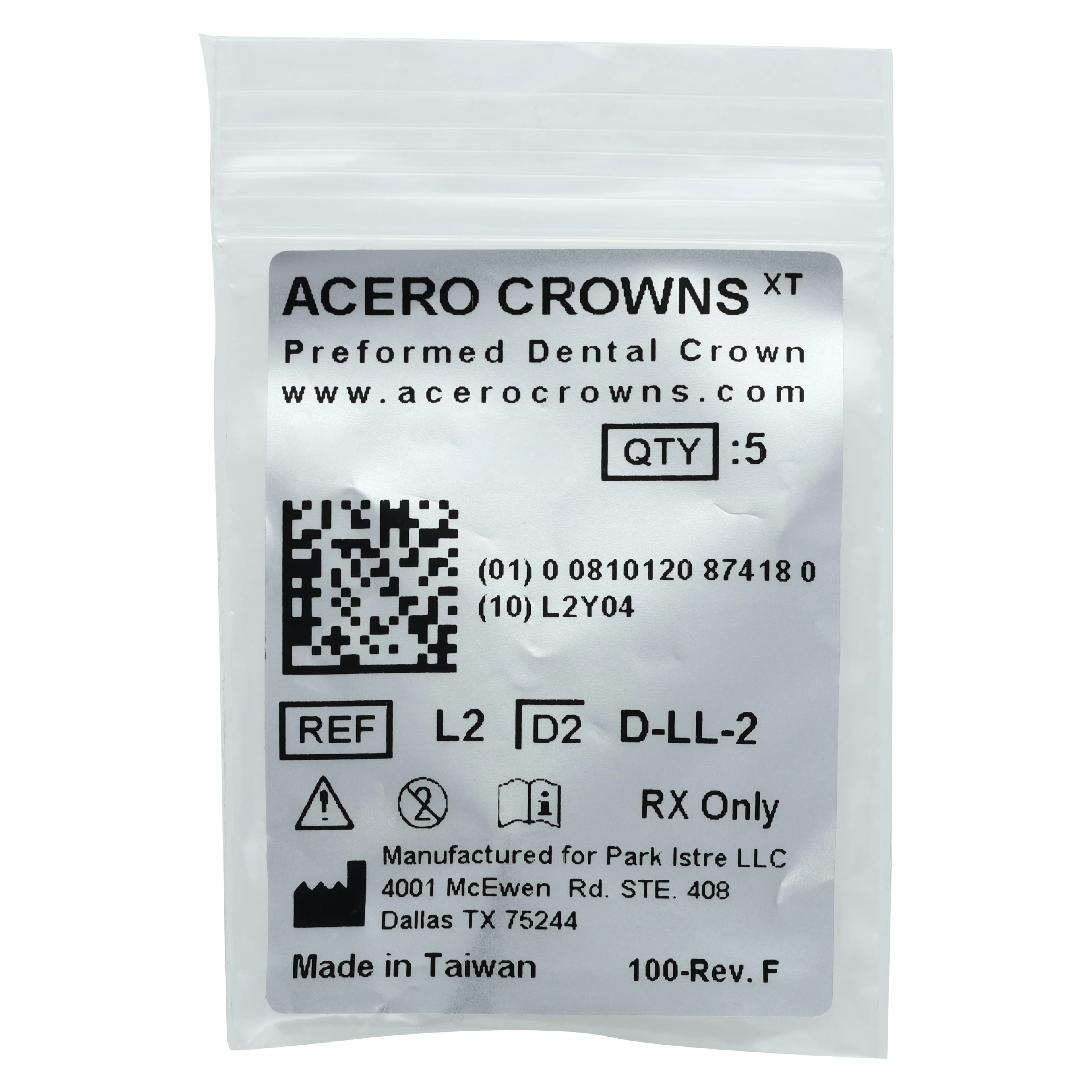Acero XT Stainless Steel Crown, Lower Left Primary First Molar, Size 2, 5/Pack (D-LL-2) - Acero XT Lower Left First Molar "L" Refill 5/Pack - Image 1